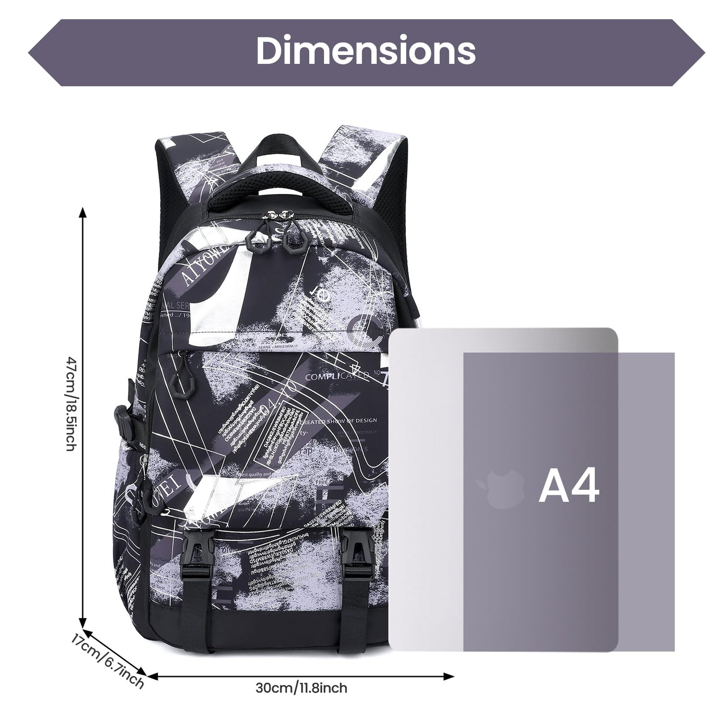 IvyH Sac à Dos pour Enfant Adolescents, Sac d'école Léger et Imperméable, Cartable Tendance pour Garçon et Fille de 9-18 ans, Idéal pour Primaire, Collège et Voyage -Noir