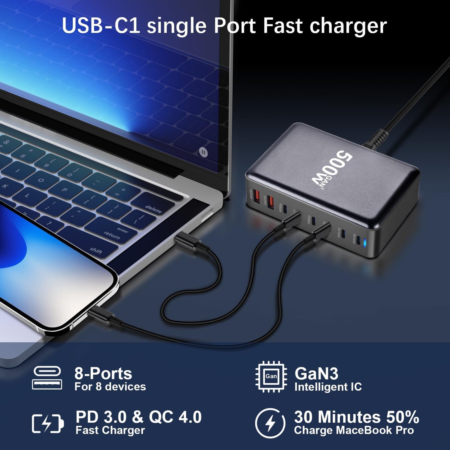 500W Chargeur USB C,8 Ports Multiple GaN Chargeur Secteur avec 6 USB-C et 2 USB-A,Chargeur Rapide Station de Charge Adaptateur Compatible avec MacBook Pro/Air Laptop,iPhone,iPad Pro,Galaxy,SteamDeck