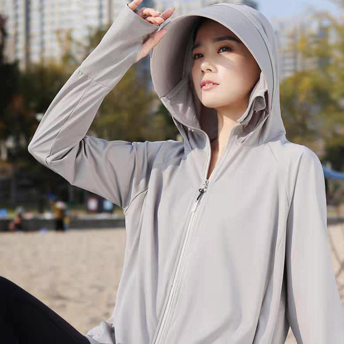 Fukamou Sweat à Capuche Anti-UV | Veste à Manches Longues UPF 50+ avec Soleil - Veste légère à Fermeture éclair intégrale Chemise rafraîchissante à Capuche avec Poche Randonnée Pêche en