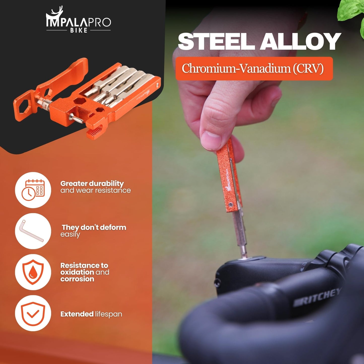 IMPALAPRO Kit Réparation Vélo 20 en 1 Ultraléger et Compact (117,5g) en Alliage de Chrome-Vanadium (CRV) - Outil Vélo Multifonction - Multitool Vélo - Outillage Velo (Orange)