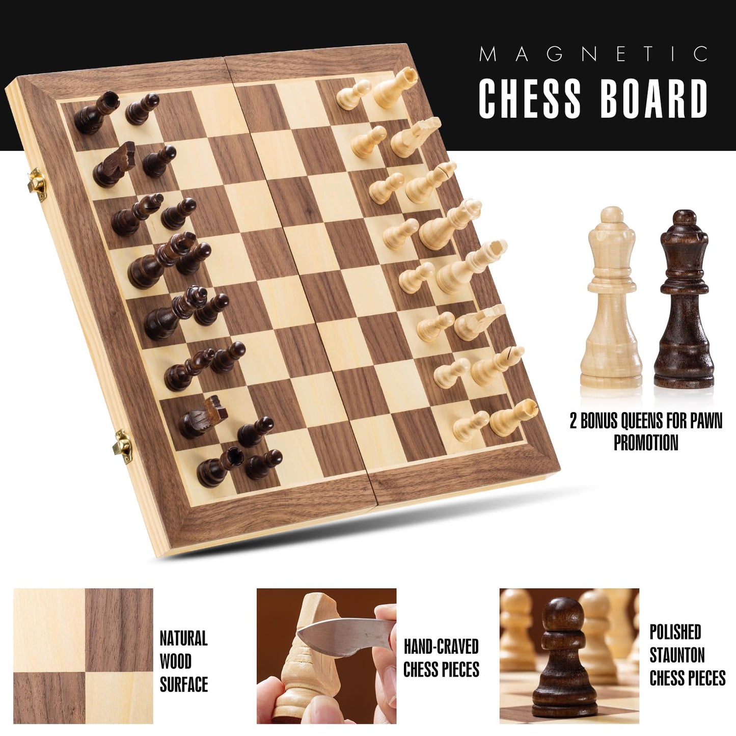 ASNEY Jeu D'Échecs Magnétique Amélioré, Jeu D'Échecs en Bois De Tournoi De 15 "Staunton avec Pièce D'Échecs Artisanale Et Emplacements De Rangement pour Enfants Adultes