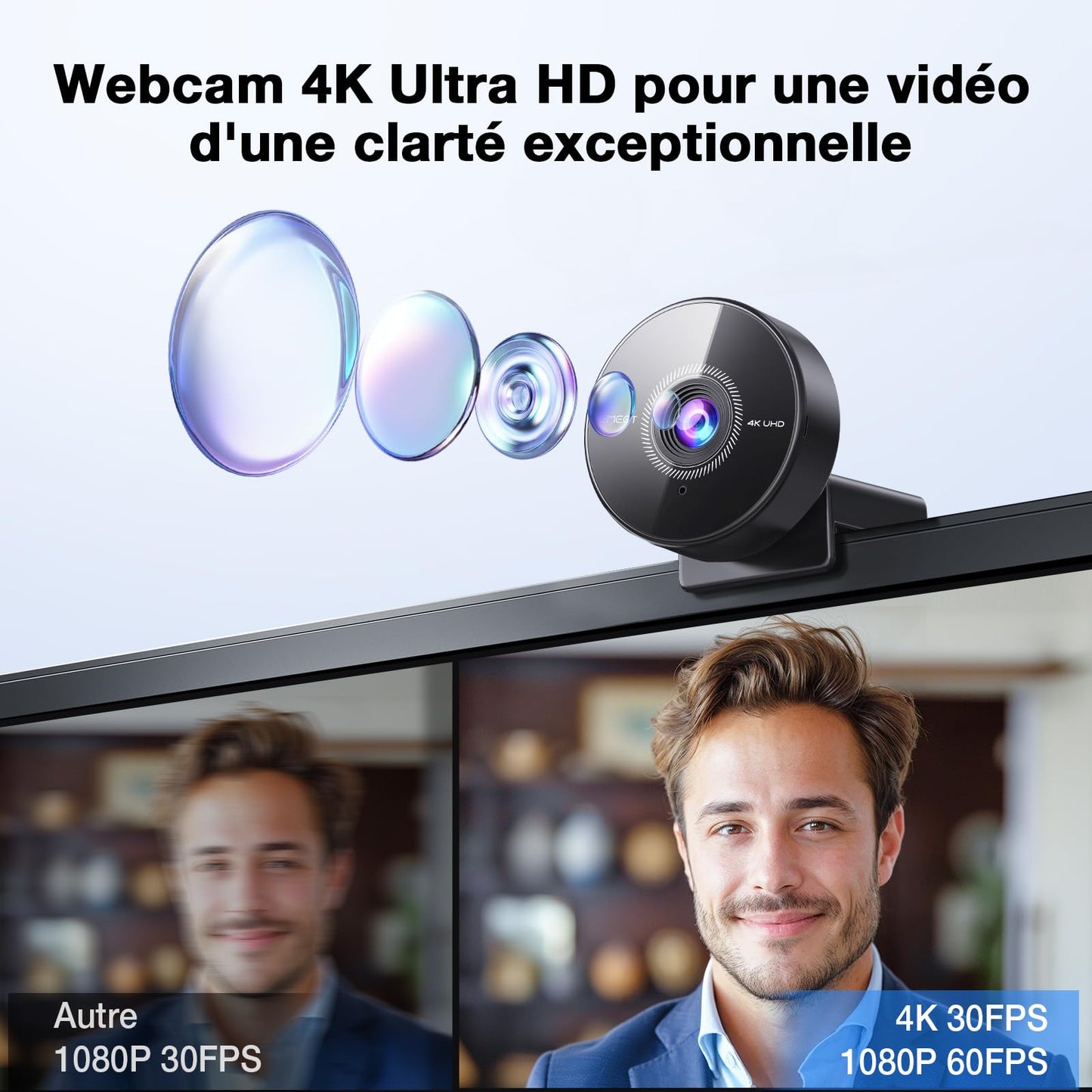 eMeet C950 4K Webcam pour PC, 4K UHD 8 mégapixels, PDAF Autofocus, Microphone avec Suppression du Bruit, 1080P@60FPS, Protection de la Vie Privée, USB 2.0 Plug&Play, Webcam idéale pour Zoom/Teams