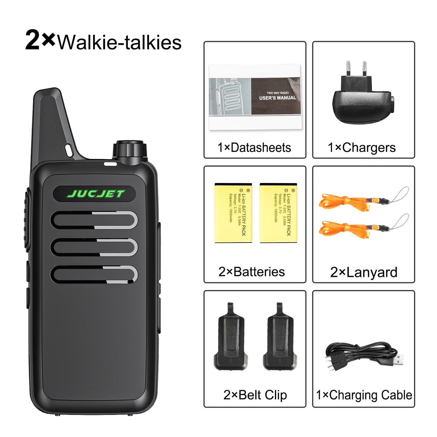 JUCJET T20 Radio Rechargeable pour Adultes, Mini Talkie-walkie d'extérieur avec 16 canaux, Silencieux VOX, Radio PMR sans Licence (Lot de 2)