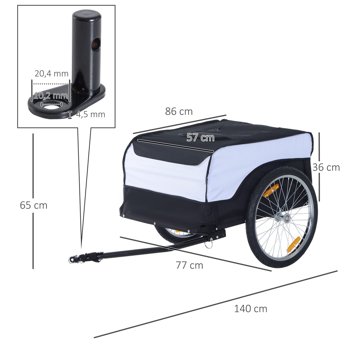 HOMCOM Remorque à vélo Cargo, châssis en Acier, Charge Max. 40 kg, avec Couvercle Amovible et attelage, Chariot de Transport, Bagage à vélo, 140 x 77 x 65 cm