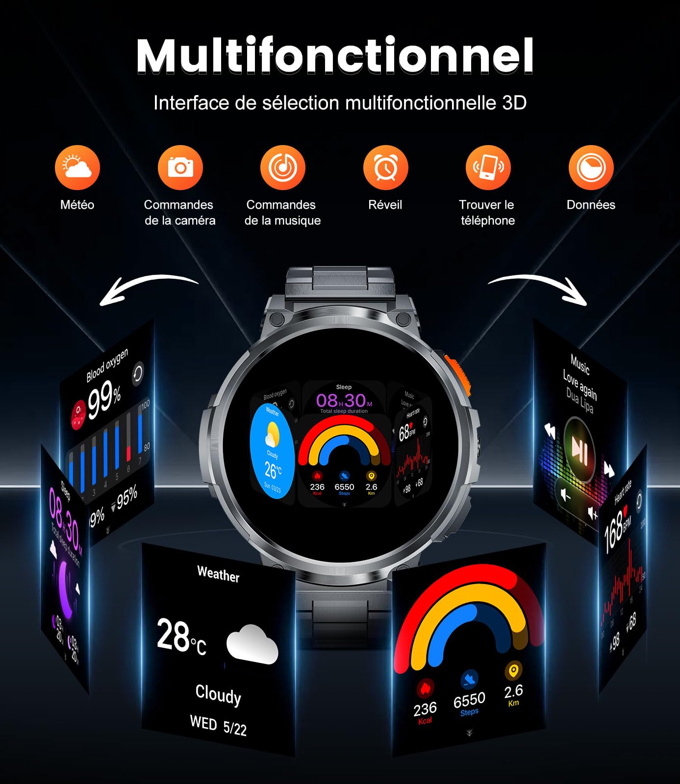 LIGE Montre Militaire Homme, 1,85" IPS écran Montre Homme, IP68 Montre Connectée Homme Etanche, Bluetooth Voix Appel Surveillance du Sommeil Surveillance de la Fréquence Cardiaque, Android iOS