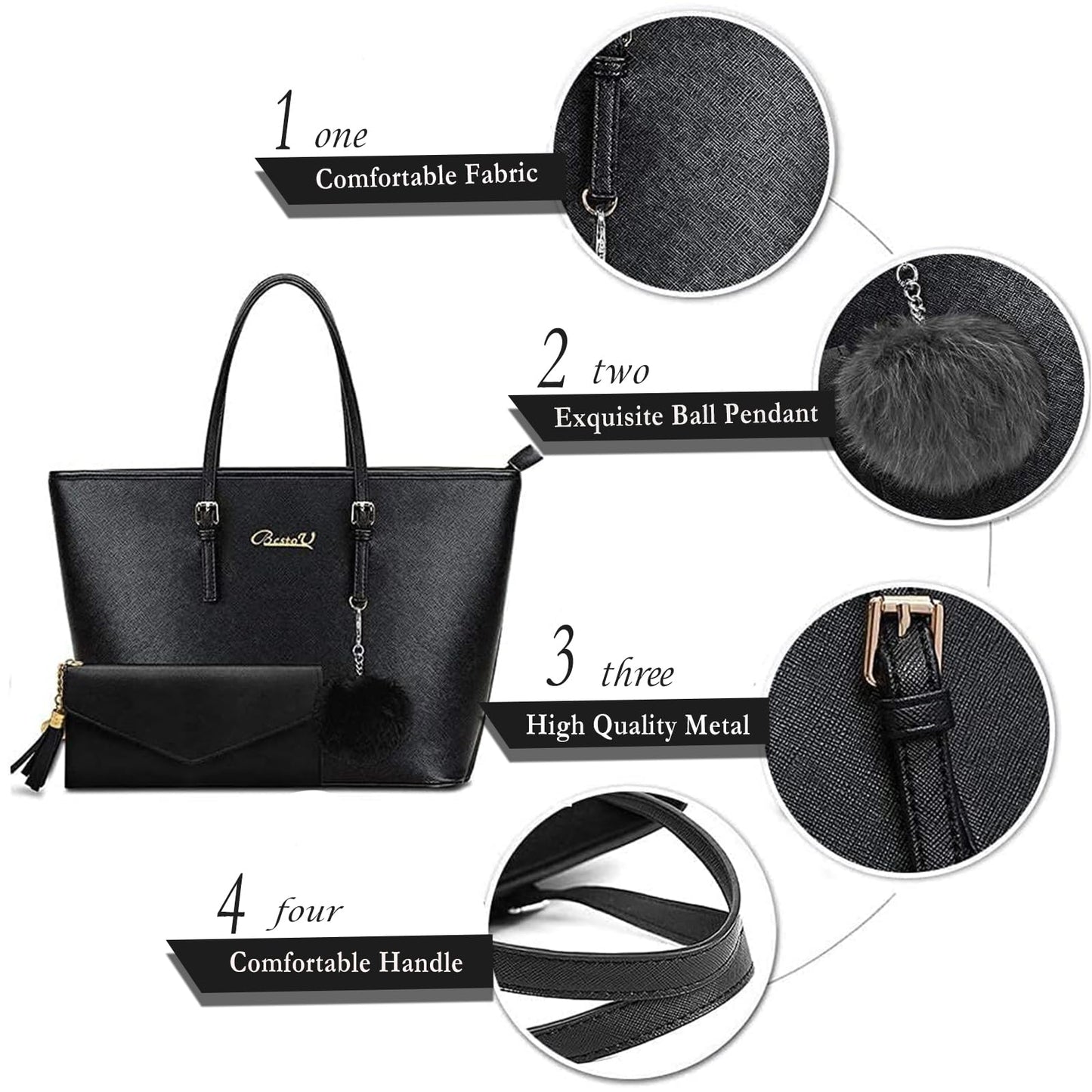 BestoU Sac a Main Femmes Noir PU Cuir Sac à Bandoulière D'épaule Fourre-Tout Portefeuille Sac 2pcs