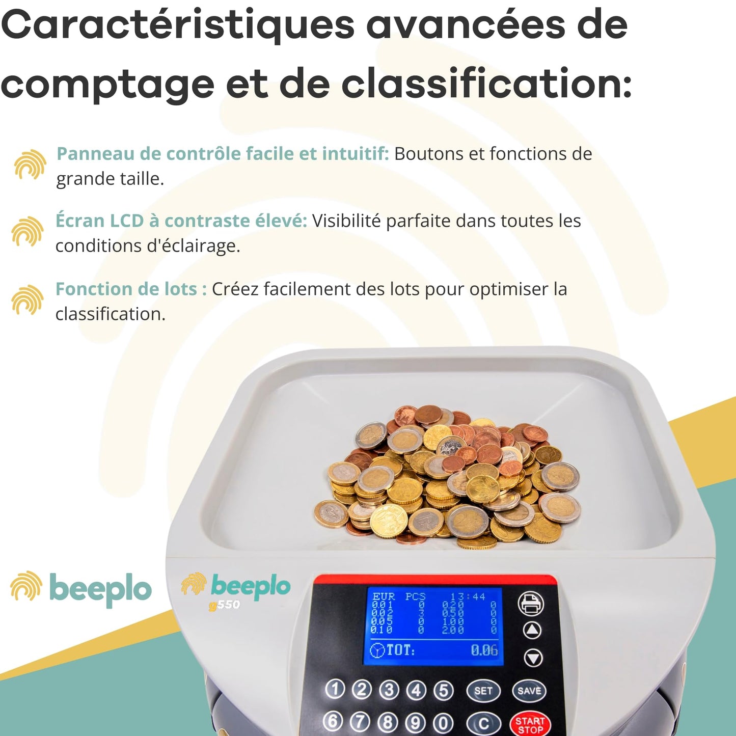 beeplo g-550 | Compteur de pièces en euros | Jusqu'à 800 pièces par cycle | Indique la valeur totale et par pièce | Précision Totale | Garantie 4 ans