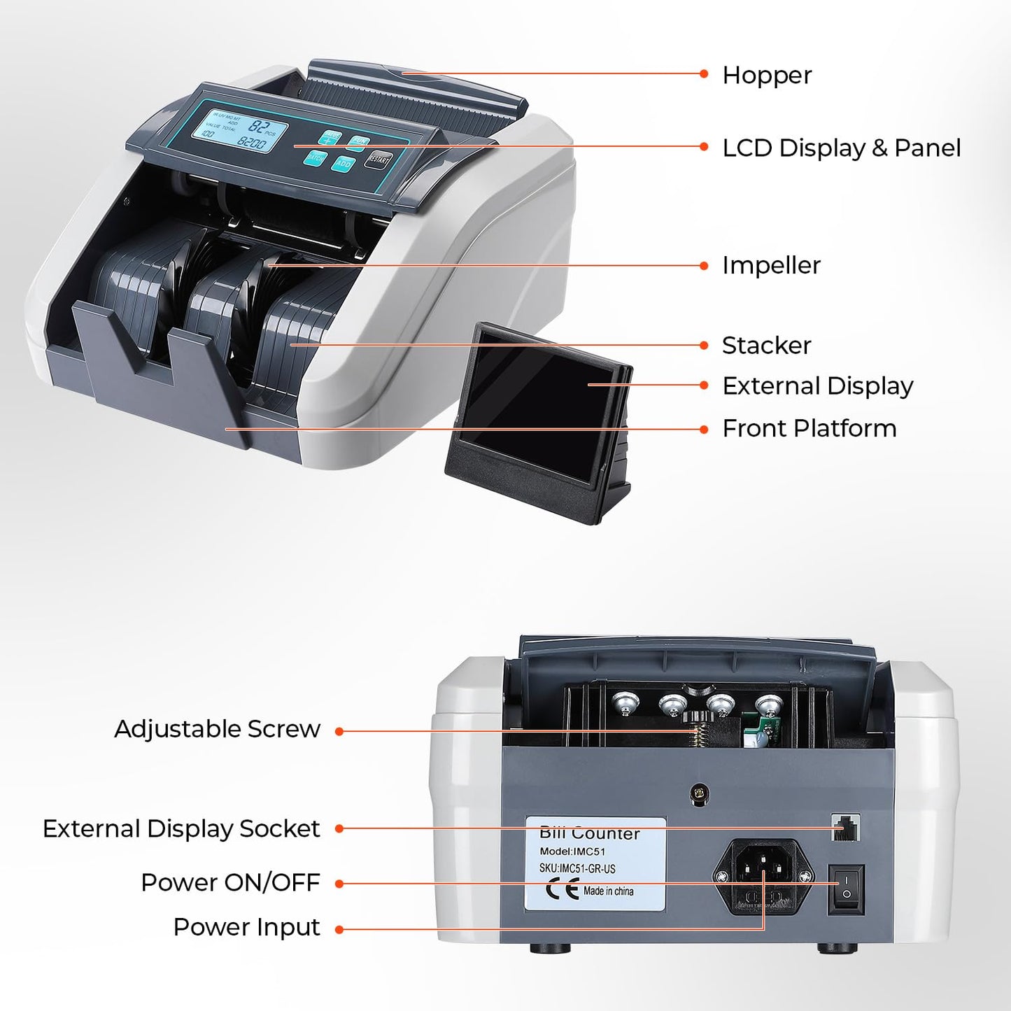 MUNBYN IMC51 Machine à compter l'argent, Compteur de billets en mode ajout+lot, Détection UV/MG/IR, Compteur de billets en EUR uniquement, 1100 billets/min, Affichage LCD, 2 ans de garantie (Gris)