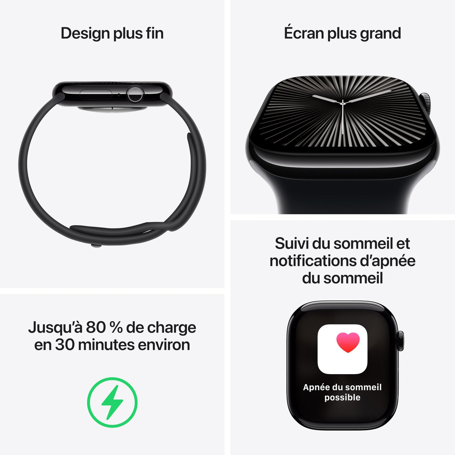 Apple Watch Series 10 (42 mm GPS) Montre connectée avec Boîtier en Aluminium Noir de Jais et Bracelet Sport Noir (S/M). Suivi de l’activité Physique, app ECG, écran Retina Toujours activé