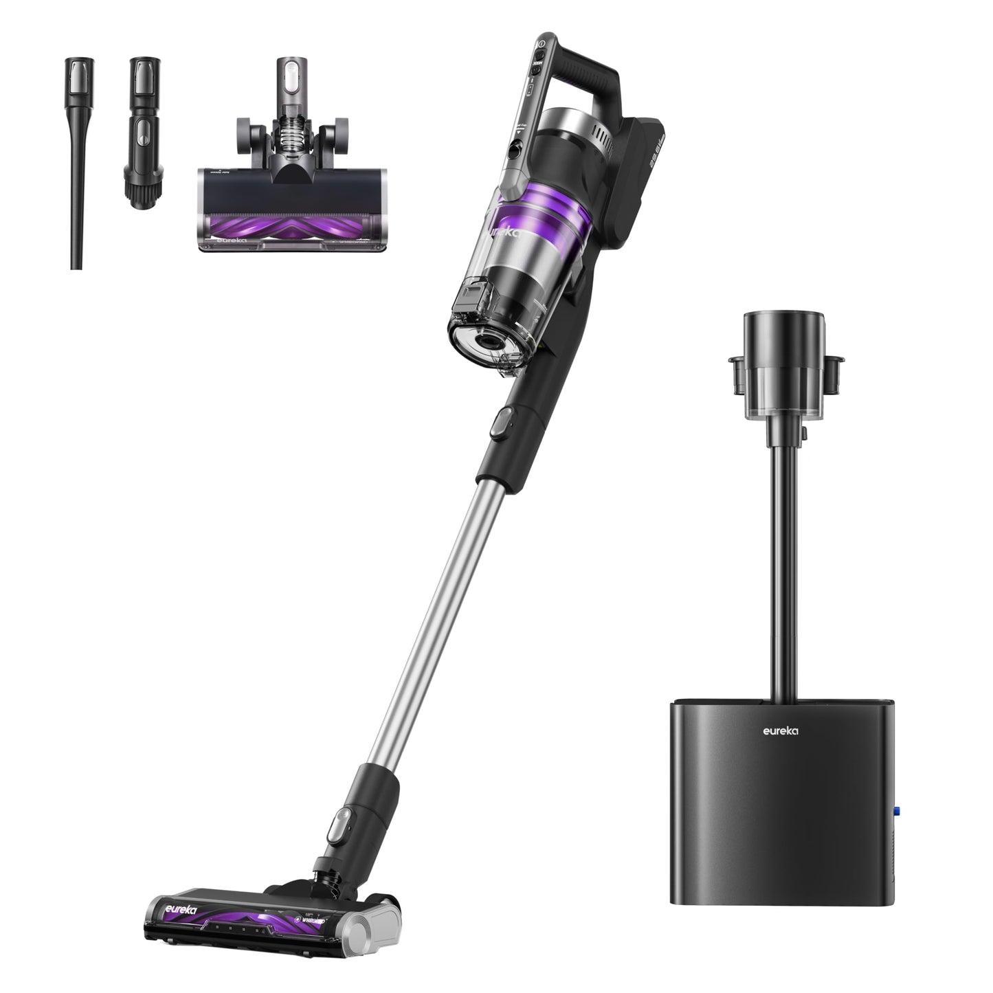 Eureka Stylus Elite Aspirateur Balai sans Fil avec Base,Aspiration 24000 Pa,Vidage Automatique du Bac à Poussière avec Sac de 3 L,Aspirateur sans Fil Brosse Anti Enchevêtrement,Autonomie 60 Min