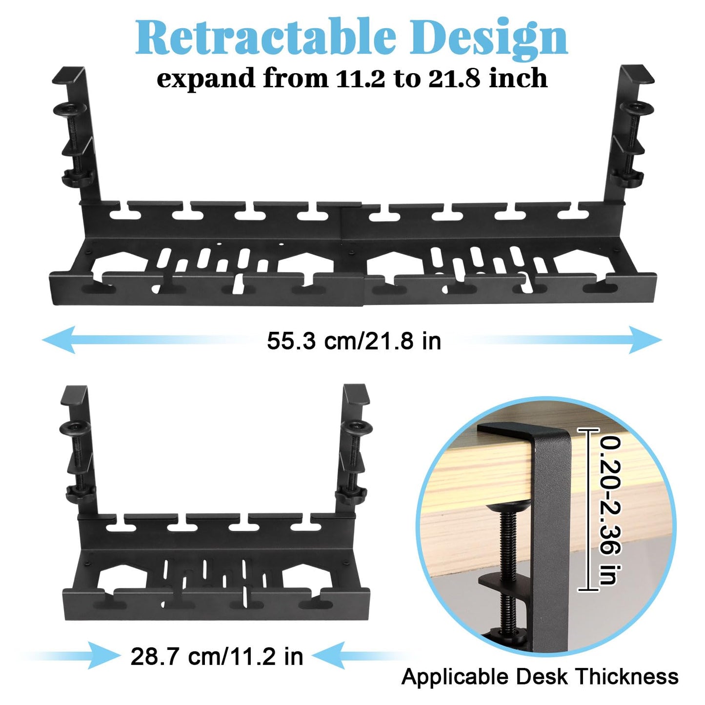 seOSTO Cable Management, Range Cable Bureau Rétractable de 28,5cm à 55cm, Plateau de Gestion des Câbles de Bureau, Rangement Cable Bureau, Câble Management