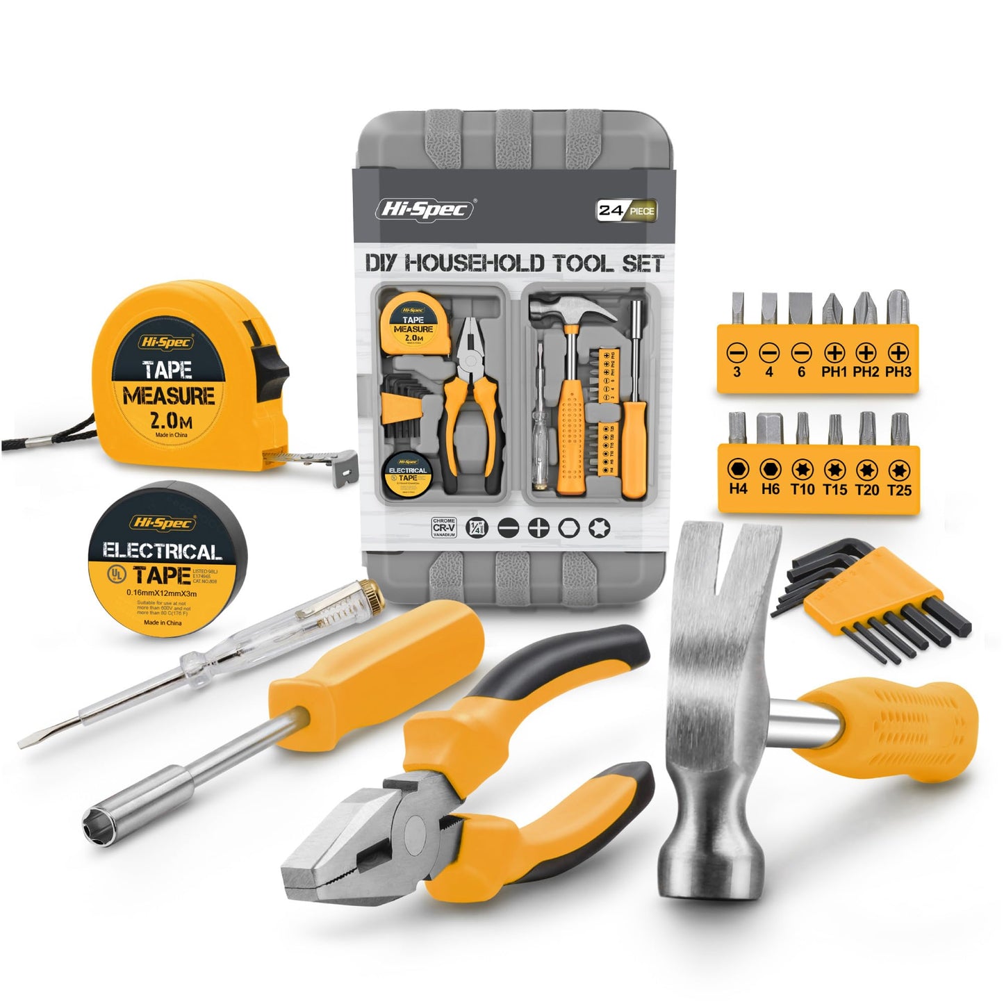 Hi-Spec Kit d'Outils DIY 24pc Jaune. Petite Boîte à Outils Idéale pour Débutants, pour la Maison & le Bureau