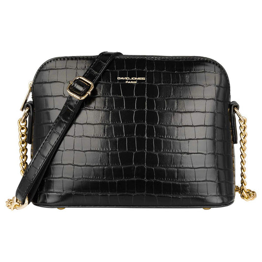 David Jones - Petit Sac Bandoulière Femme - Chaîne Dorée Porté Epaule - Besace Téléphone Cuir Vernis Crocodile Rigide - Fourre-Tout Ville Voyage Shopping Mode Chic Noir