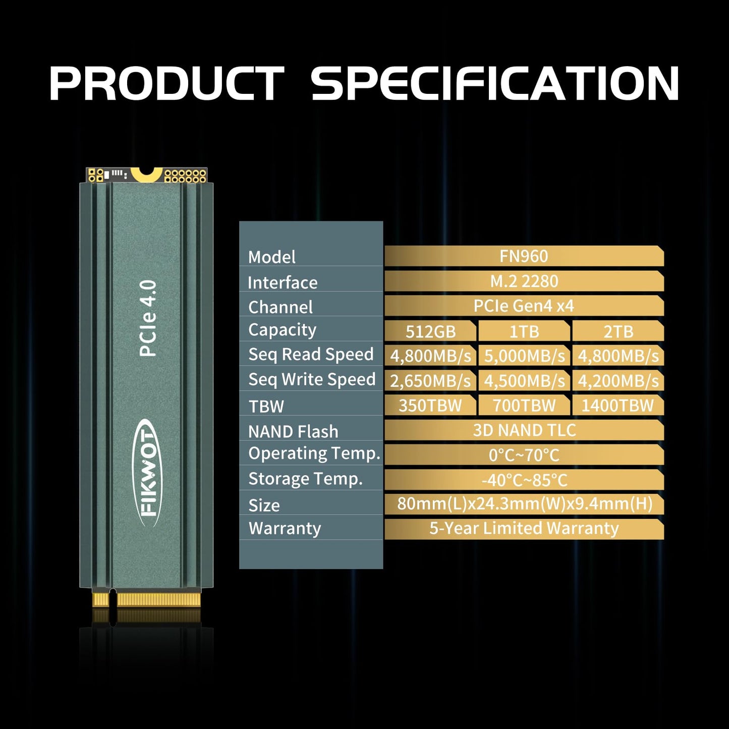 Fikwot FN960 2To M.2 2280 PCIe Gen4 x4 NVMe 1.4 Disque SSD Interne avec dissipateur Thermique - Vitesse jusqu'à 5000Mo/s, Cache SLC Dynamique, SSD Interne Compatible PS5