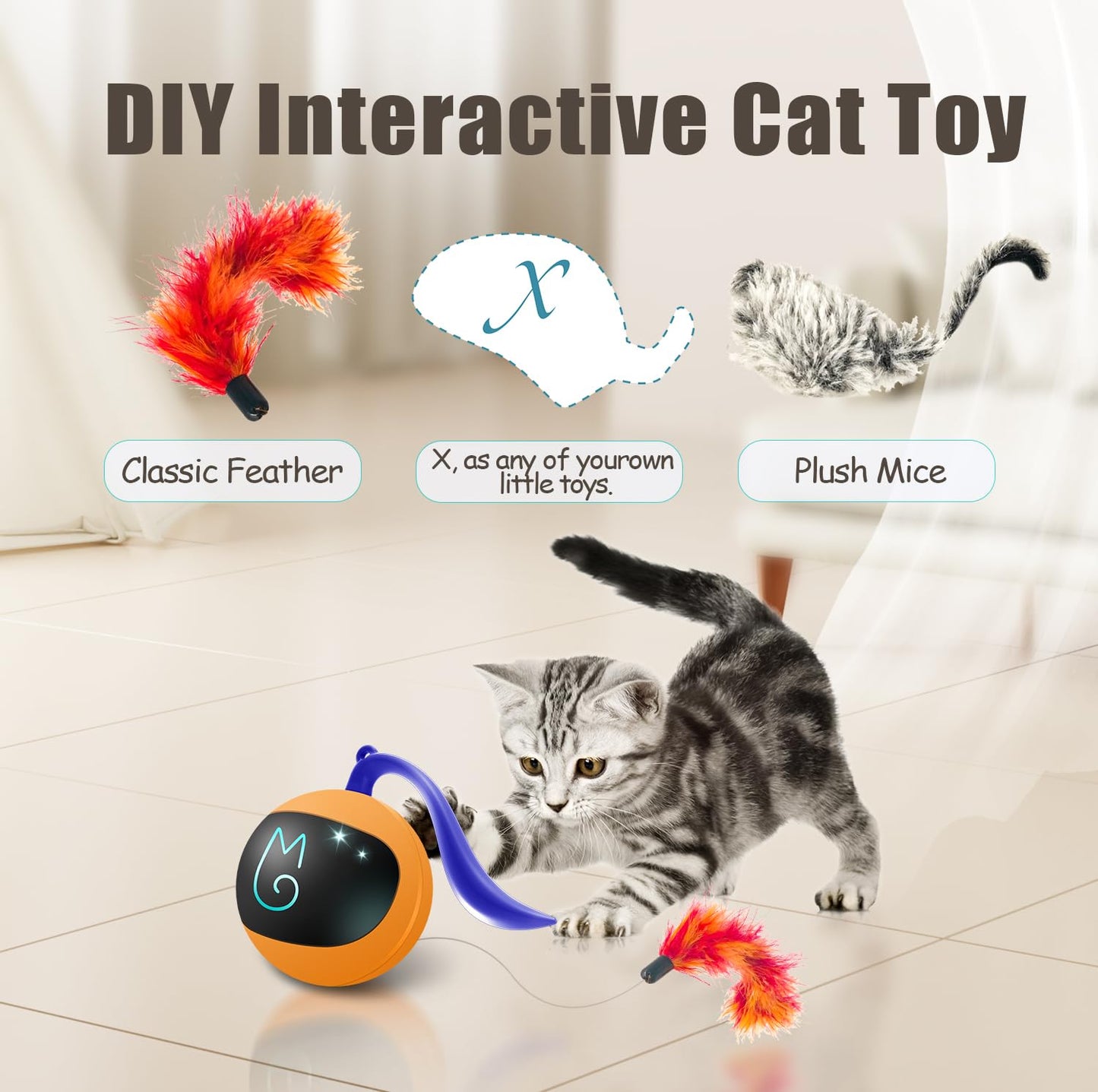 Migipaws Ensemble de Jouets interactifs pour Chat, traqueur Amusant, Balle de Poursuite Automatique à Rouler avec Queue Moelleuse, Une Petite Souris, Rechargeable (Orange)