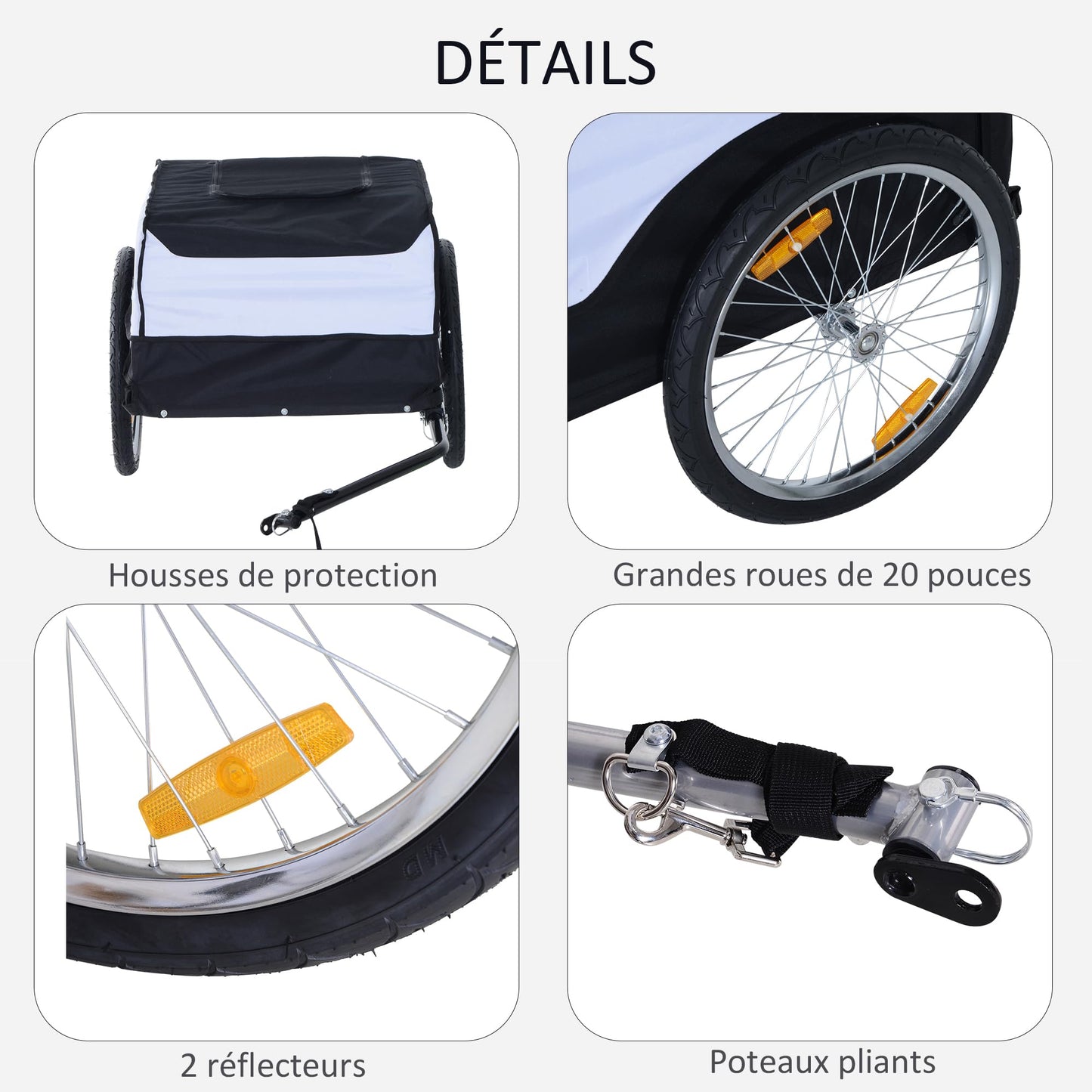 HOMCOM Remorque à vélo Cargo, châssis en Acier, Charge Max. 40 kg, avec Couvercle Amovible et attelage, Chariot de Transport, Bagage à vélo, 140 x 77 x 65 cm