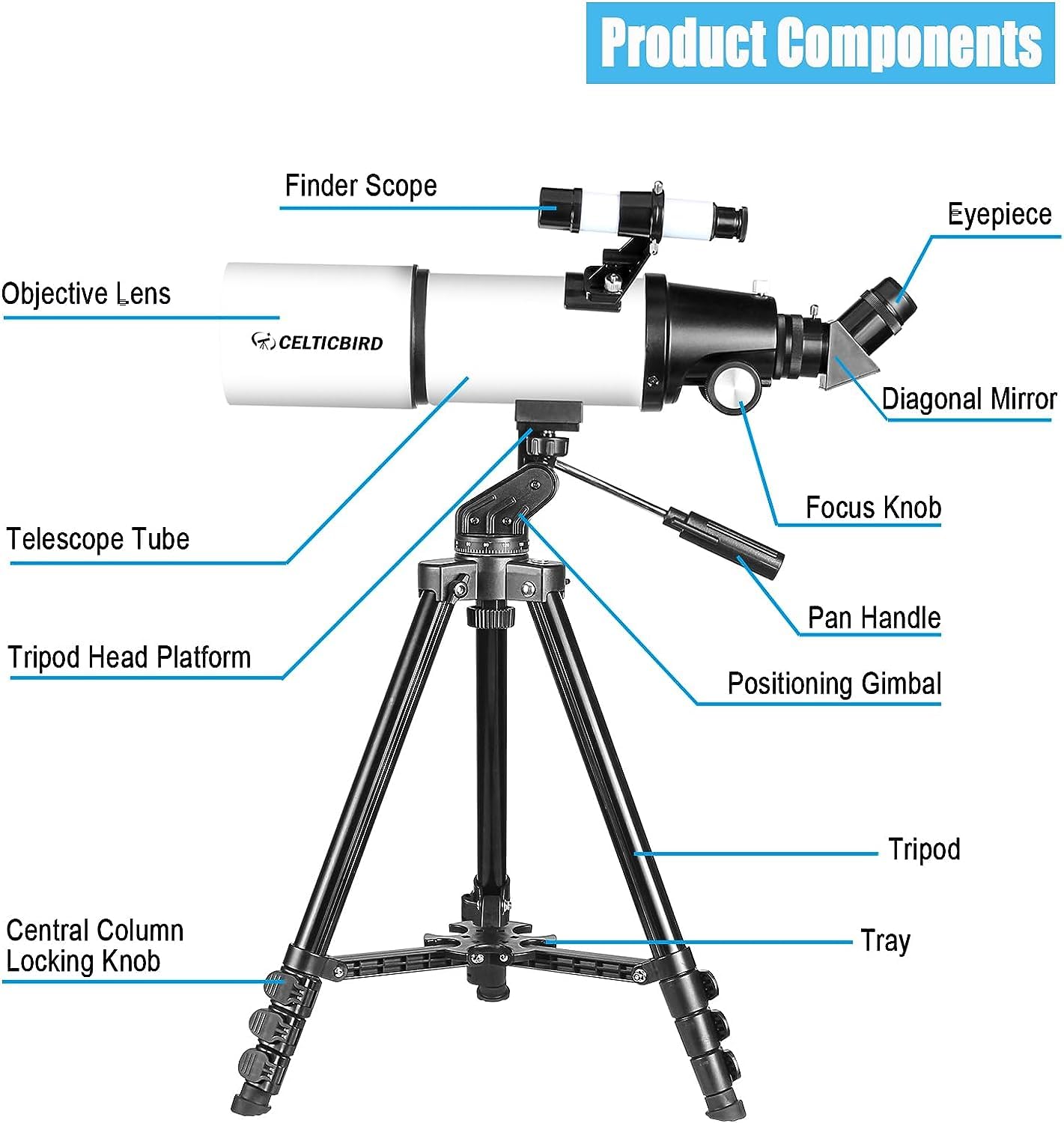 CELTICBIRD Télescope 80 mm, Ouverture 600 mm pour Adultes débutants en Astronomie – Télescope réfracteur astronomique Portable entièrement Multicouche à Haute Transmission, Monture AZ