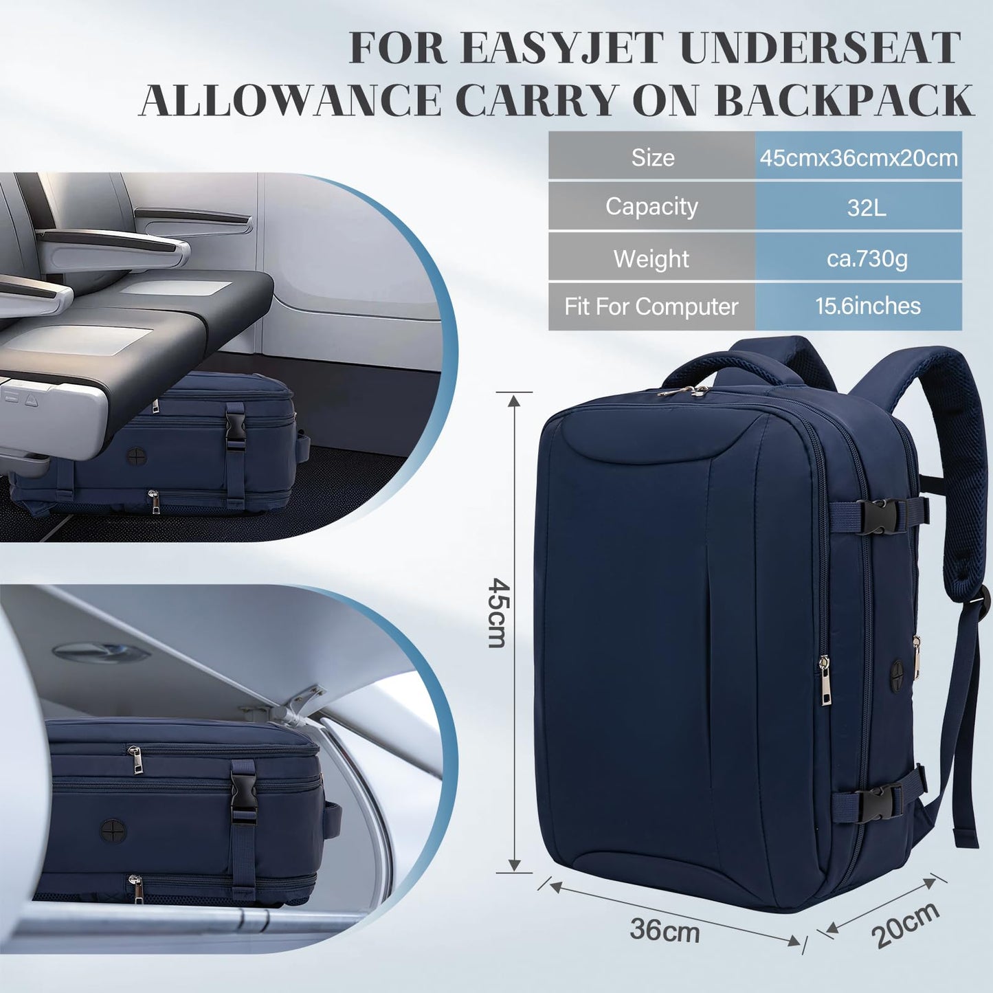 Bagage Cabine 45x36x20 pour Easyjet Sac À Dos Voyage Cabine Avion 30L Sac 45x36x20 Bagage a Main avec Compartiment Séparé pour Ordinateur Portable 15,6 Pouces avec Pochette Antivol