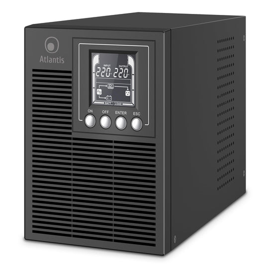 Atlantis A03-OP1002 Onduleur (UPS) Online Double Conversion et Pure sinusoïde avec Une Puissance de 1000VA 900W, Tour, écran LCD, USB, RS-232 série, 4 Sorties IEC, Port EPO, Slot SNMP, 2x12V-9Ah