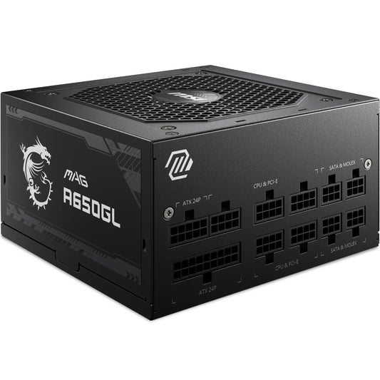 MSI MAG A650GL Bloc d'alimentation, 650 W, 80 Plus Gold, entièrement modulaire, Ventilateur FDB 120 mm avec roulement à Billes Dynamique, Full-Bridge LLC, câbles Plats Noirs