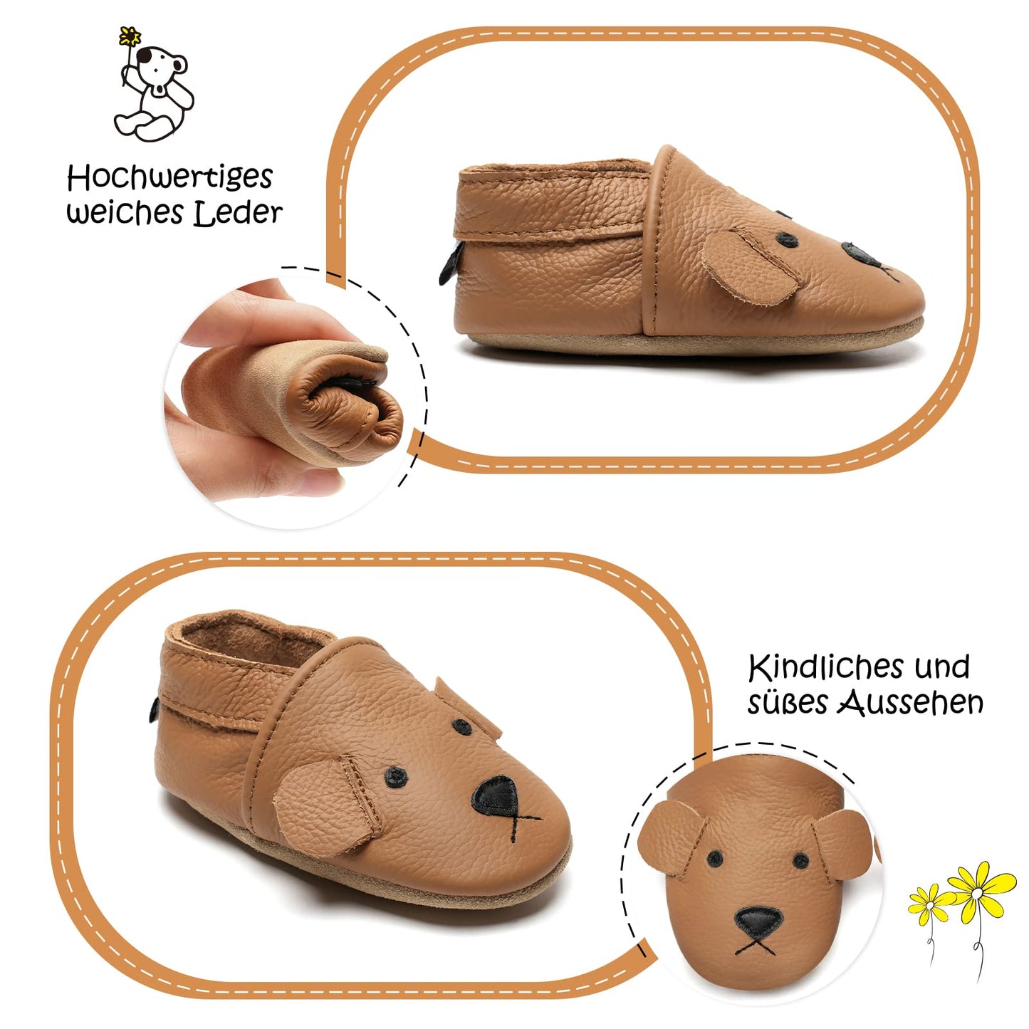 IceUnicorn Chausson Cuir Bébé Chausson Bebe Chaussons Cuir Souple Bébé Fille Garçon Premiers Pas Mignon Chausson Bébé 0-6 Mois-3 Ans(Curcuma Ours, 12-18 mois)