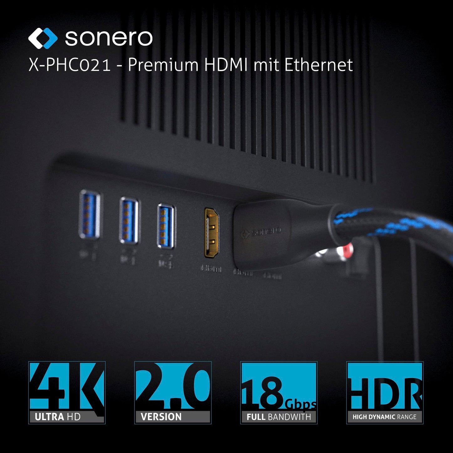 Sonero® câble Premium High Speed Mini HDMI vers HDMI 4K, fiche Mini HDMI C vers fiche HDMI A, contacts plaqués Or, double blindage, gaine textile, 3.00m