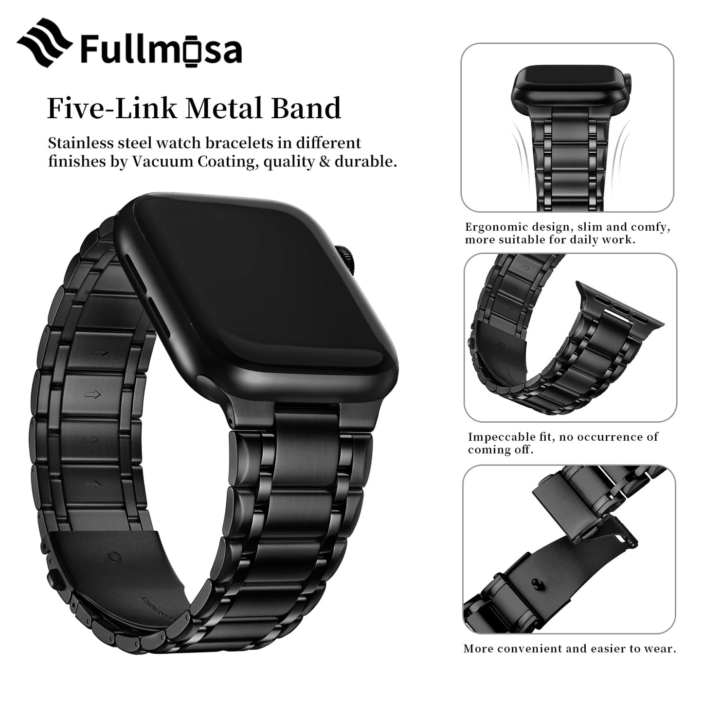 Fullmosa Bracelet en Acier Inoxydable Compatible avec Apple Watch 45/44/42mm pour Femme Homme Bracelet de Remplacement avec étui de protection en TPU pour série SE/SE2 9/8/7/6/5/4/3/2/1 Noir