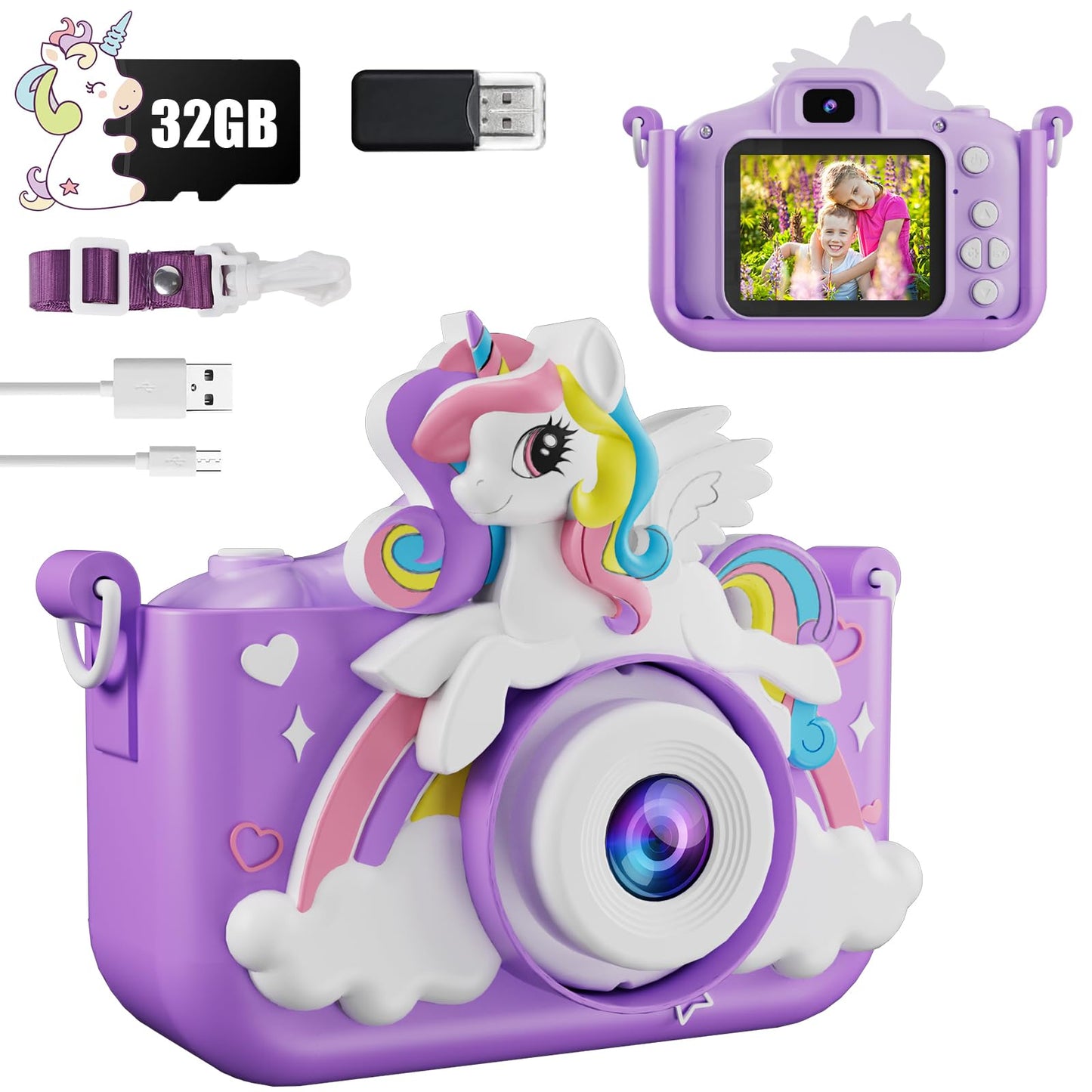 Appareil Photo pour Enfants, 2.0 Pouces Enfant Appareil Photo Numérique, Mini Caméra Rechargeable Caméscope Cadeau Jouet Filles Garçons de 3 à 10 Ans, vidéo HD 1080p, 32G SD Carte