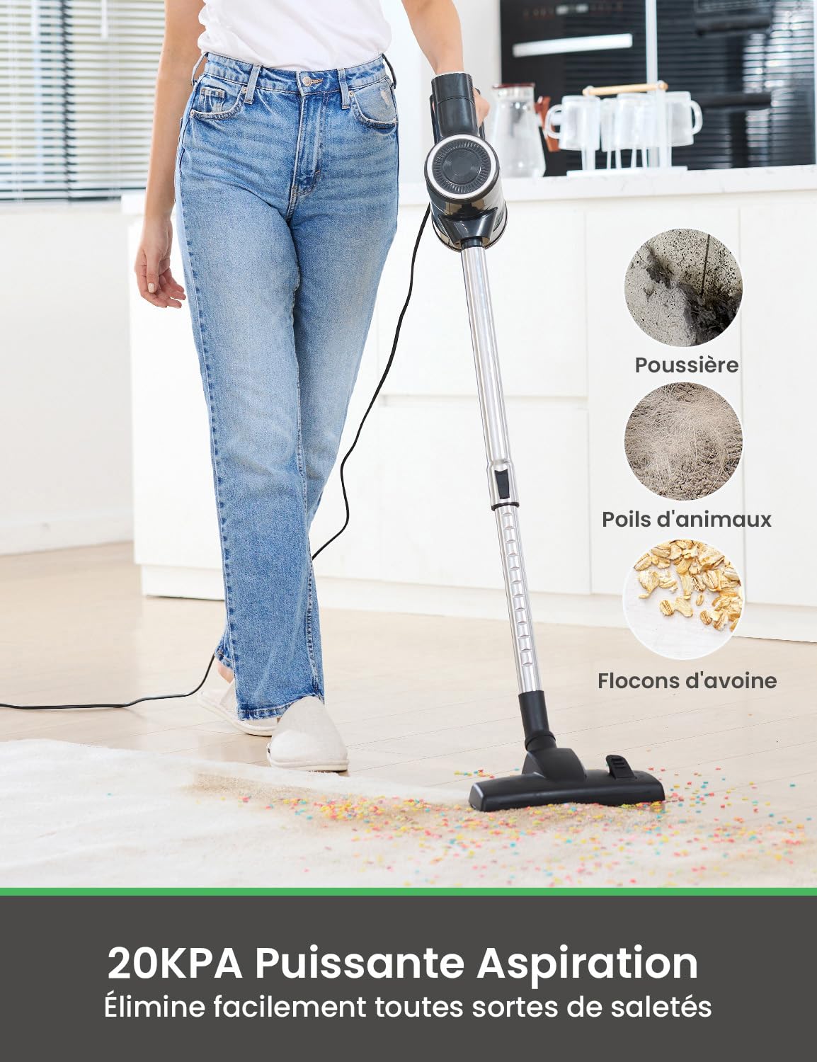 Vexilar Aspirateur Balai Puissant 20Kpa, Aspirateur Balai avec Fil Câble 7m, 3 en 1 Aspirateur Vertical Filtre HEPA, 600W Aspirateur Balai Léger avec Support Mural pour Sols Durs Tapis&Noir