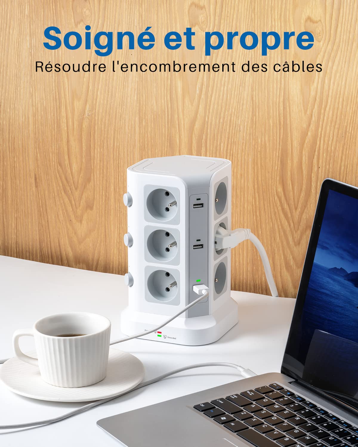 KOOSLA 12 Prises 2P+T de Type-E (France) Tour Multiprise avec 6 Ports USB(4000W/16A), Multiprise Electrique parafoudre et surtension, 3 Interrupteur Individuel, 2M Câble, Blanc