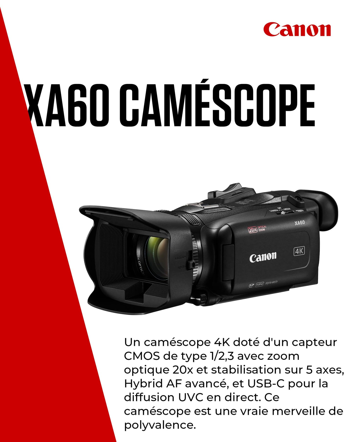 Canon XA60 - Camera 4K avec Autofocus Avancé et Zoom Optique 20x - Camera Professionnelle avec Stabilisation sur 5 Axes, Sortie HDMI et Diffusion HD en Direct en USB-C