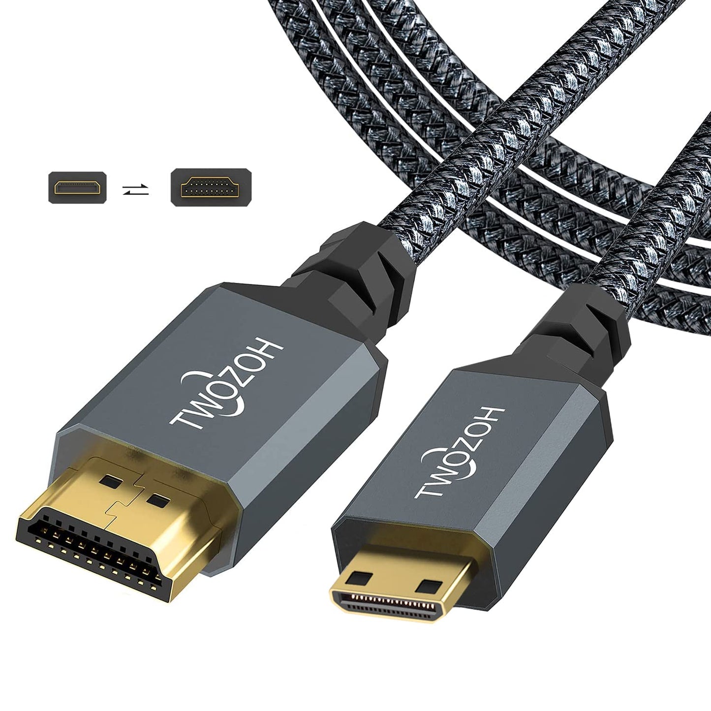 Twozoh Câble Mini HDMI vers HDMI 2M, Nylon tressé 4K Câble Mini HDMI C vers Full HDMI A, Supporte 3D Ethernet ARC 4K 60Hz 1080p