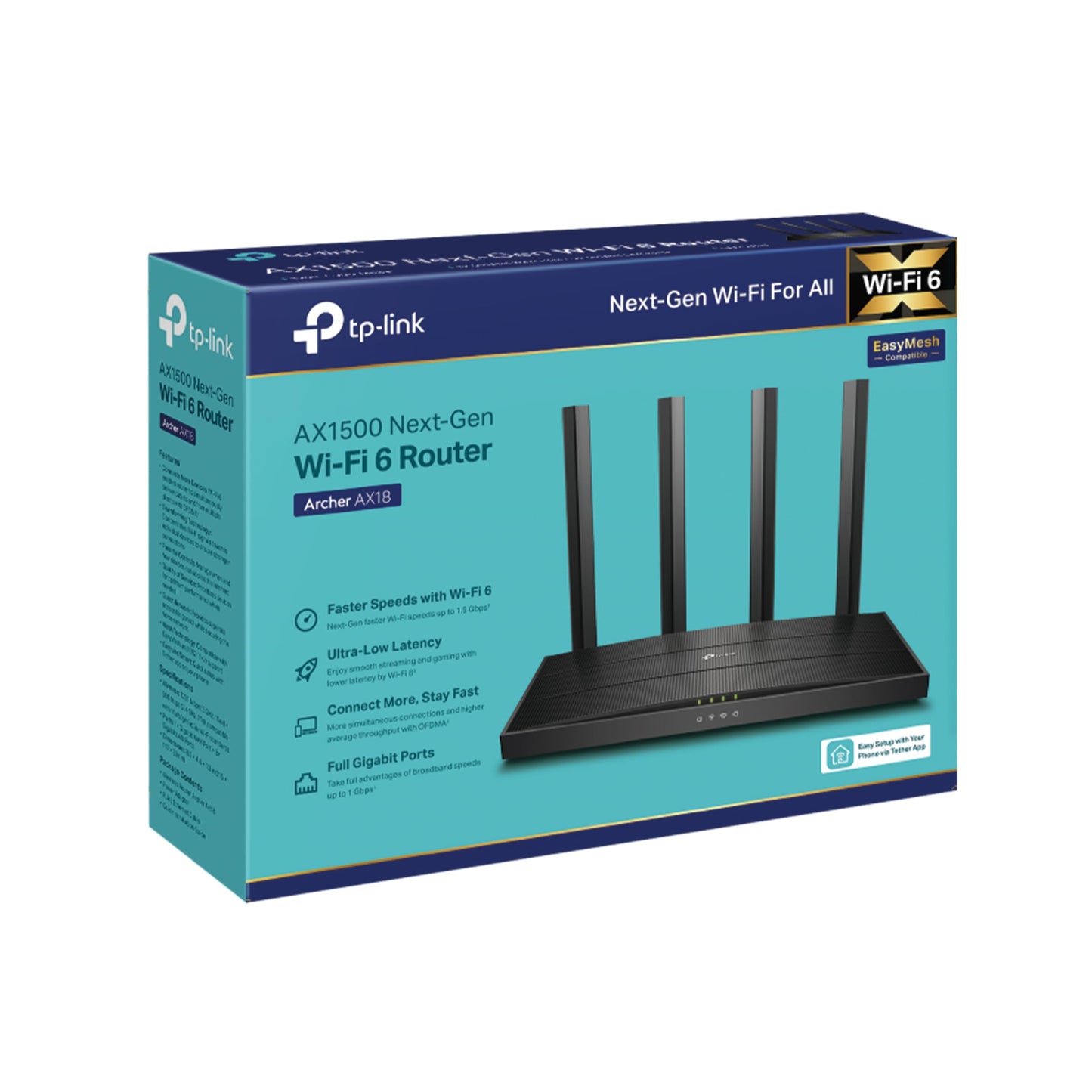 TP-Link Archer AX18 Routeur WiFi 6 , Routeur WiFi AX 1500 Mbps bi-bande, 4 ports Gigabit, 4 antennes à haute performance, WPA3, Contrôle parental, EasyMesh, Antivirus intégré