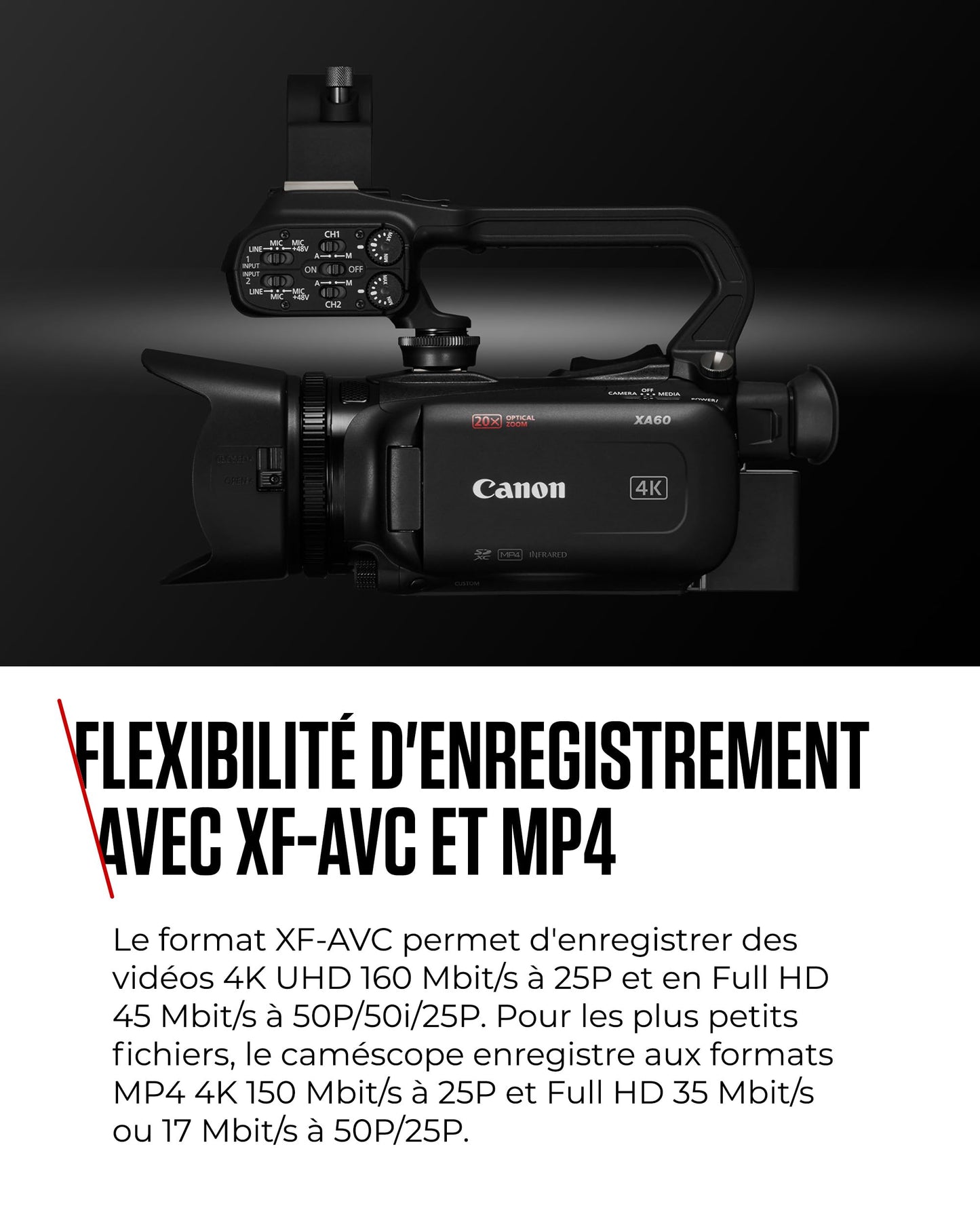 Canon XA60 - Camera 4K avec Autofocus Avancé et Zoom Optique 20x - Camera Professionnelle avec Stabilisation sur 5 Axes, Sortie HDMI et Diffusion HD en Direct en USB-C