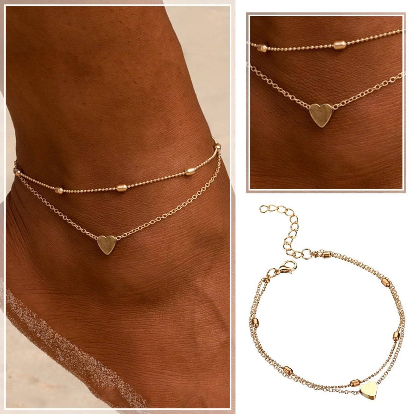 Askwho Tobillera de mujer de aleación de corazón múltiple de moda con de cuentas para accesorios de playa Bijoux Fantaisie Cher Bracelet (Gold-8, One Size)