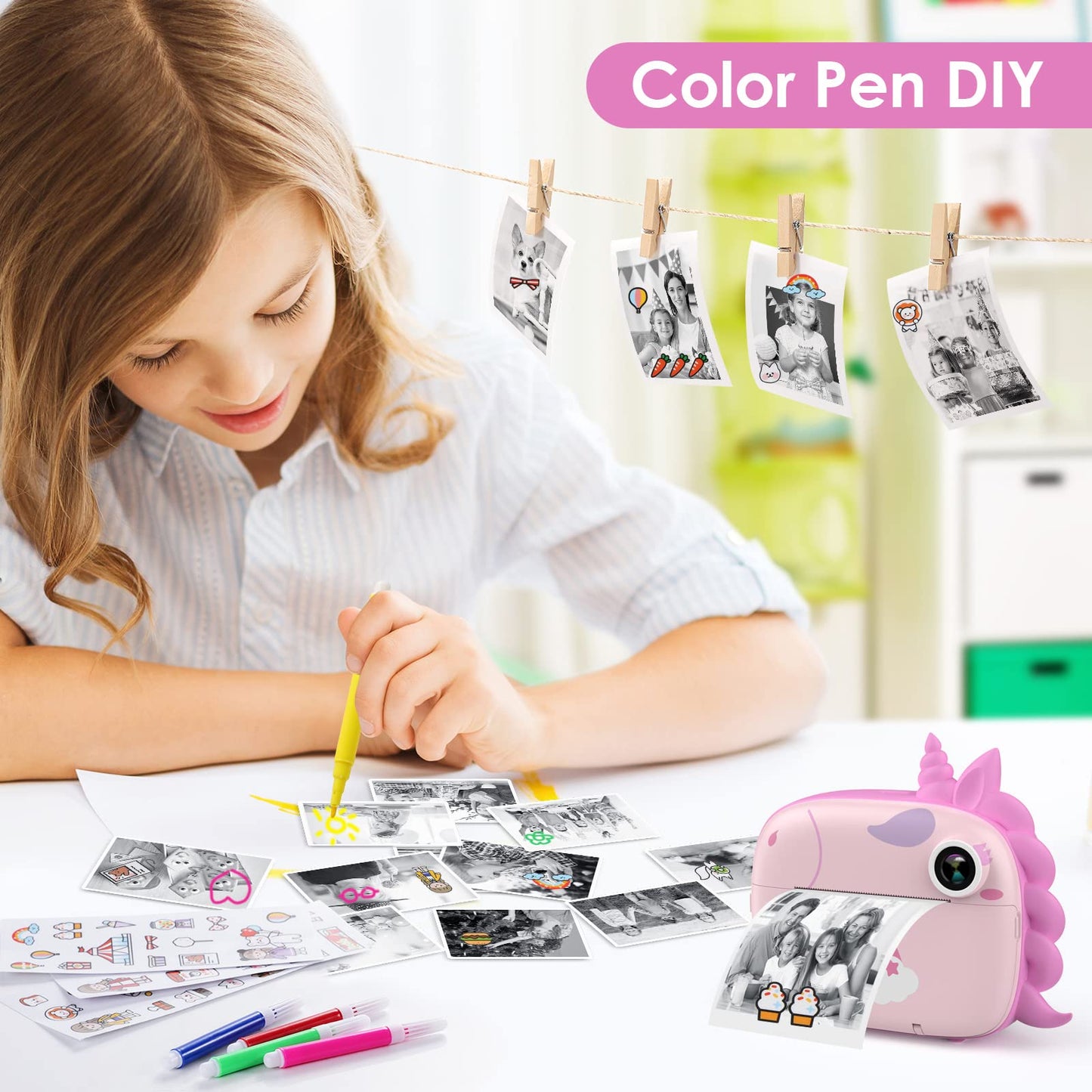 HiMont Appareil Photo Numérique Instantané,avec Papier d'impression & Carte TF 32G, Caméra Vidéo avec Stylos Colorés pour Le Bricolage, Cadeau pour Filles Garçons de 3-14 Ans