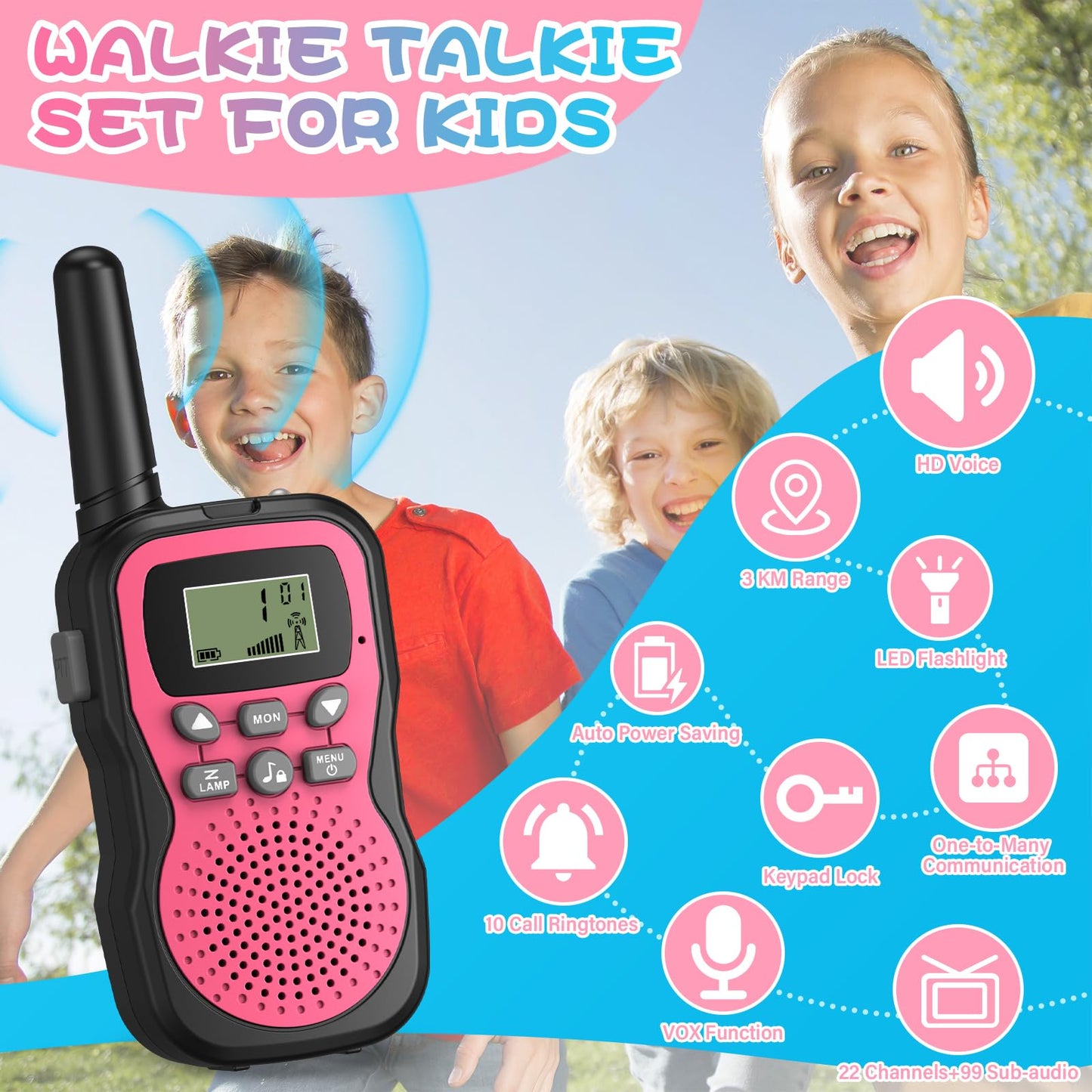 Talkie Walkie Enfants Rechargeable, Apkezel Talkie Walkie Longue Portée 3 KM avec Batterie 1000mAh, Ensemble de 3 Talki Walki avec Lampe de Poche VOX pour l'extérieur, Le Camping, La Randonnée