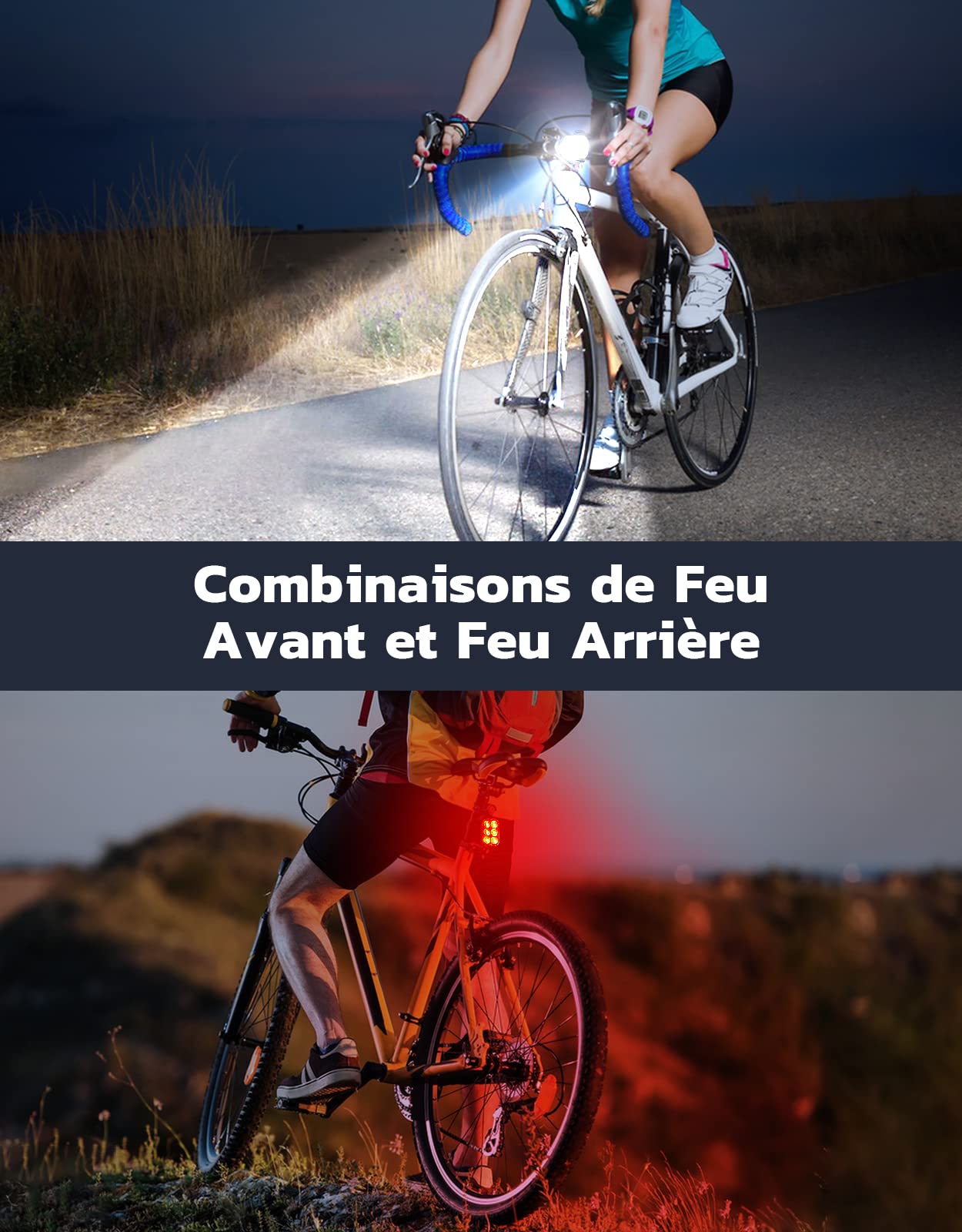 Glangeh Lumiere Velo Avant et Arriere, 4 + 6 Modes Lampe Ultra Slim USB Rechargeable avec Charge Rapide de 1,5H, Étanche IP65, LED Puissante pour Cyclisme Nocturne, Eclairage pour VTT, VTC