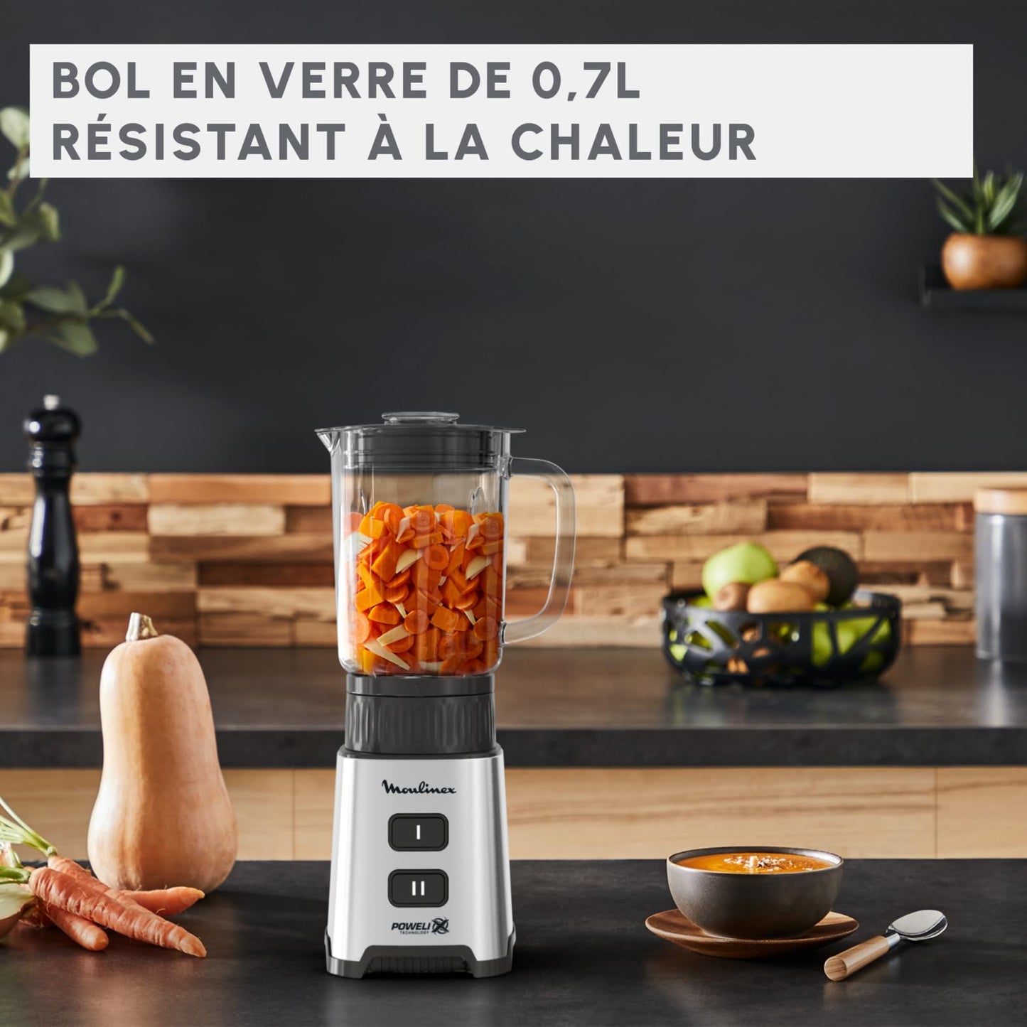 Moulinex Blender, Mini mixeur compact, 400 W, Technologie Powelix, Lames amovibles, 2 vitesses, Contrôle de la texture, Verseuse en verre, Bouteille à emporter en Tritan, Pulseo, Métal LM17GD10