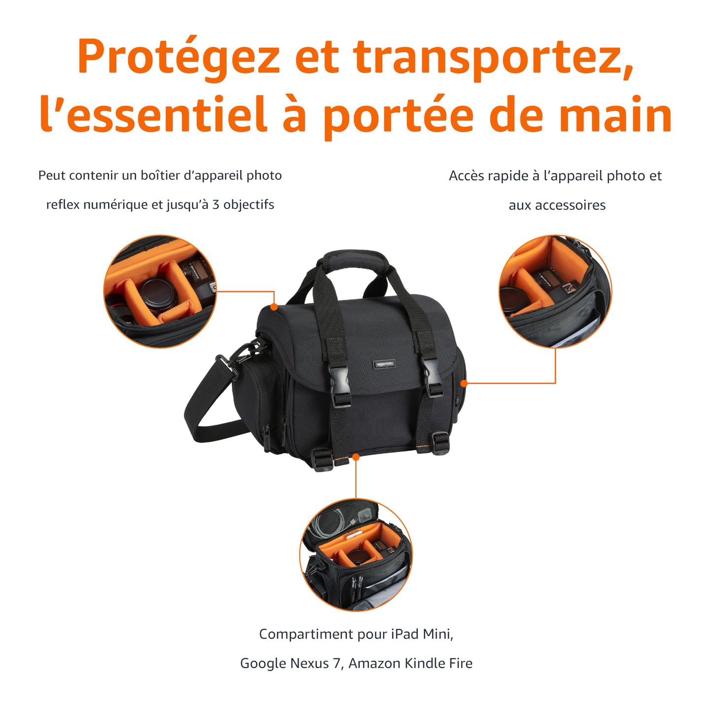 Amazon Basics - Sac à Épaule pour Appareil Photo SLR et Accessoires, Grand, Sangle Réglable, Imperméable, Antichoc, Uni, Taille L, Rembourré - Noir/Orange