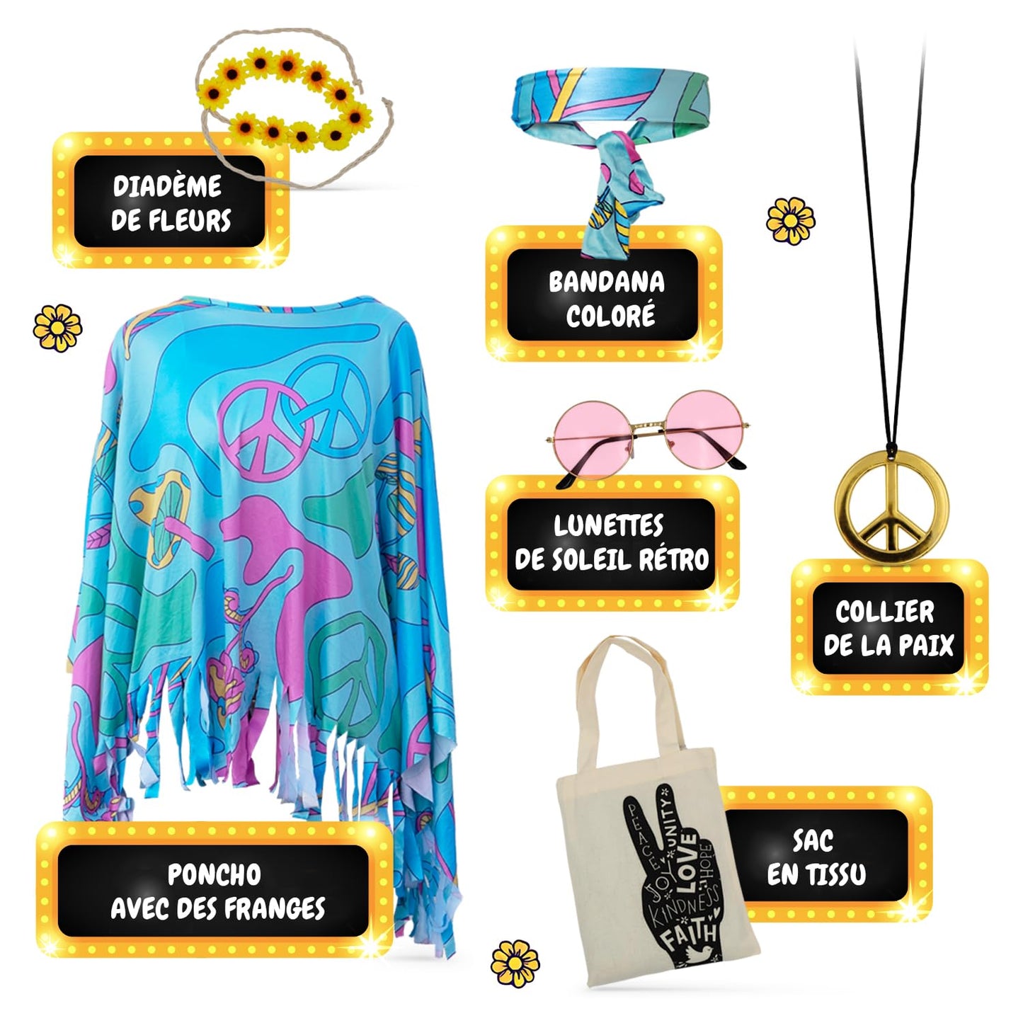 Festicy Deguisement Hippie Femme avec Poncho I Bandeau Hippie avec tournesols, sac hippie, lunette hippie I Deguisement carnaval femme I Tenue annee 70 I Costume hippie femme I Edition 2025