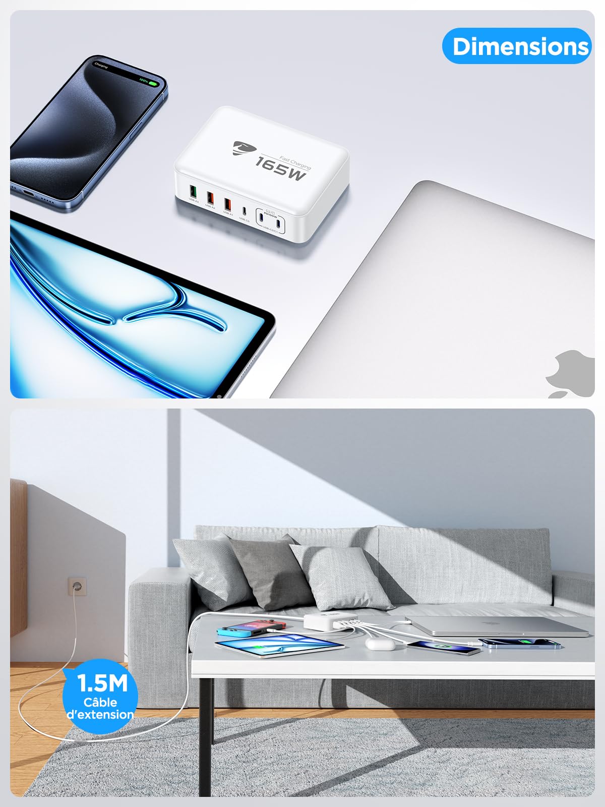 Chargeur Rapide USB C 165W 6Port Prise USB C Multiple GaN PD+QC 3.1A Adaptateur Secteur USBC Chargeur pour iPhone 15 16 14 13 12 11/iPad/MacBook Pro Air/Samsung Galaxy/Tablets/Laptops/Dell/Microsoft