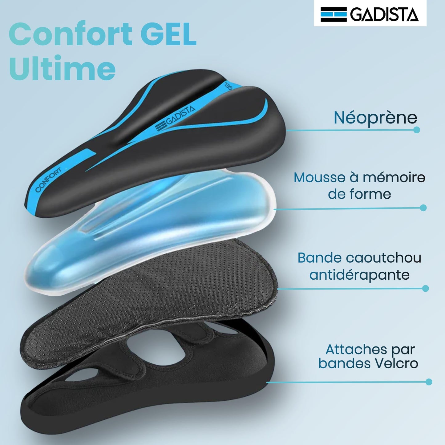 GADISTA France - Housse de Selle de Vélo en Gel, Couvre Selle Velo Ultra Confortable pour VTT, Vélo de Route, E-Bike, et Vélo Spinning - Hommes et Femmes