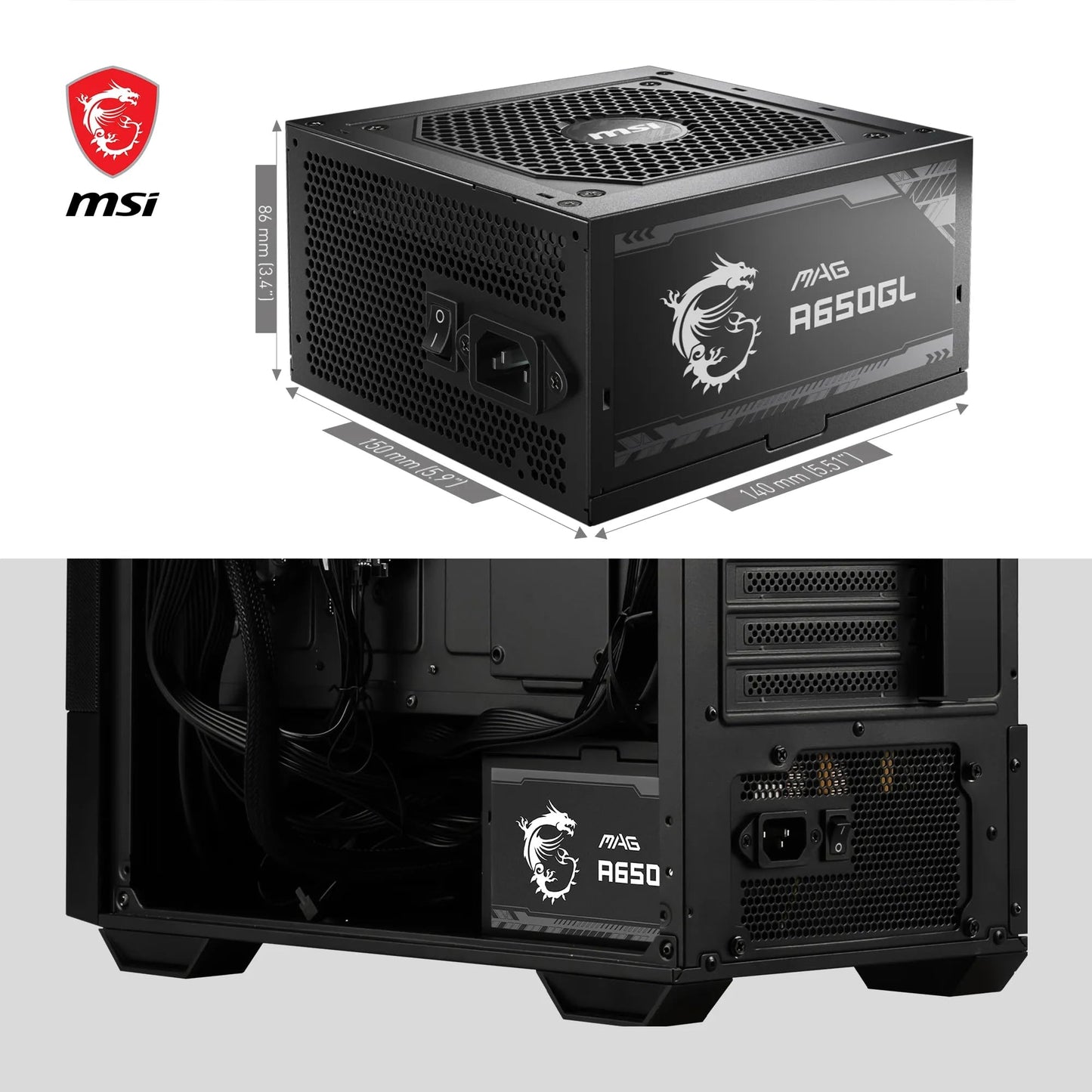 MSI MAG A650GL Bloc d'alimentation, 650 W, 80 Plus Gold, entièrement modulaire, Ventilateur FDB 120 mm avec roulement à Billes Dynamique, Full-Bridge LLC, câbles Plats Noirs