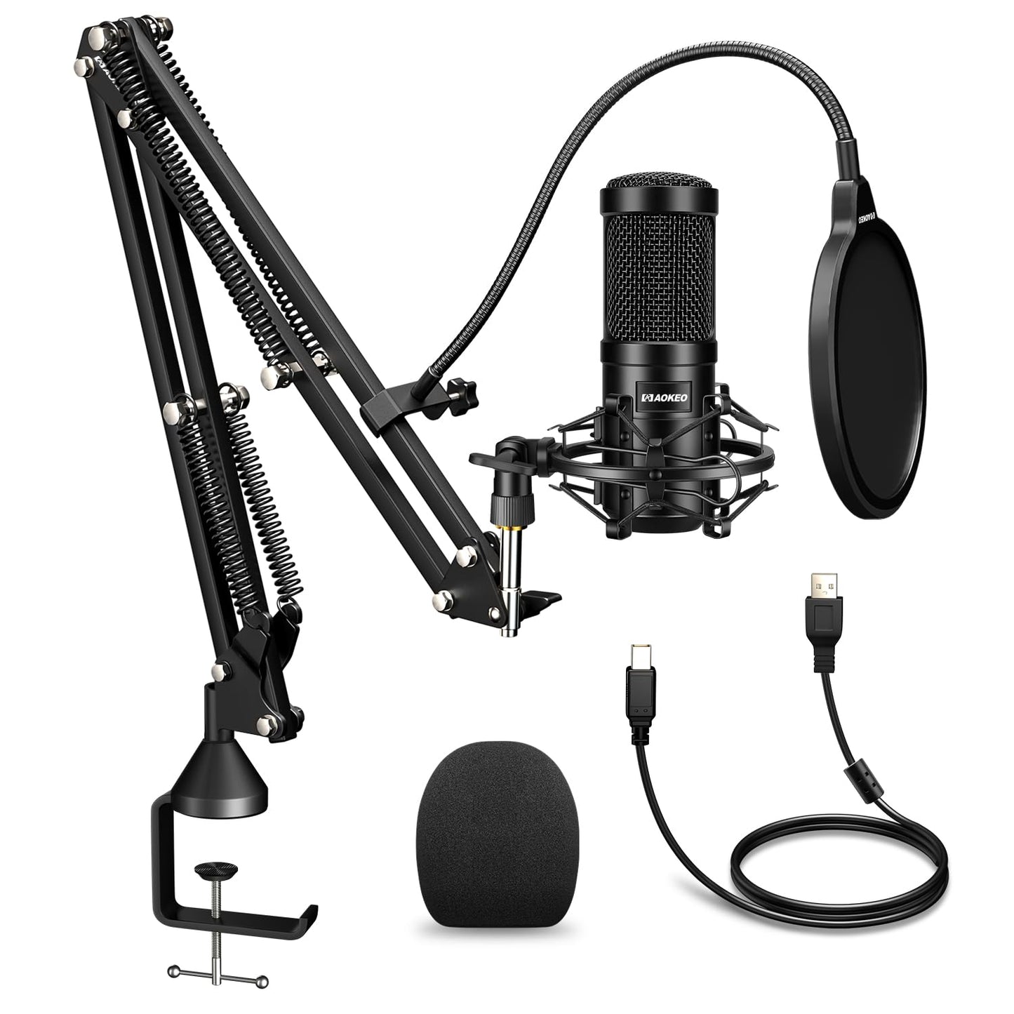 Aokeo AK-60 Professional Studio Diffusion en Direct Enregistrement Microphone à condensateur avec Support de Bras de Microphone, Montage Antichoc, Filtre Anti-Pop, Carte Son USB