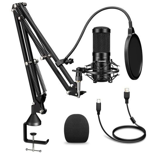 Aokeo AK-60 Professional Studio Diffusion en Direct Enregistrement Microphone à condensateur avec Support de Bras de Microphone, Montage Antichoc, Filtre Anti-Pop, Carte Son USB