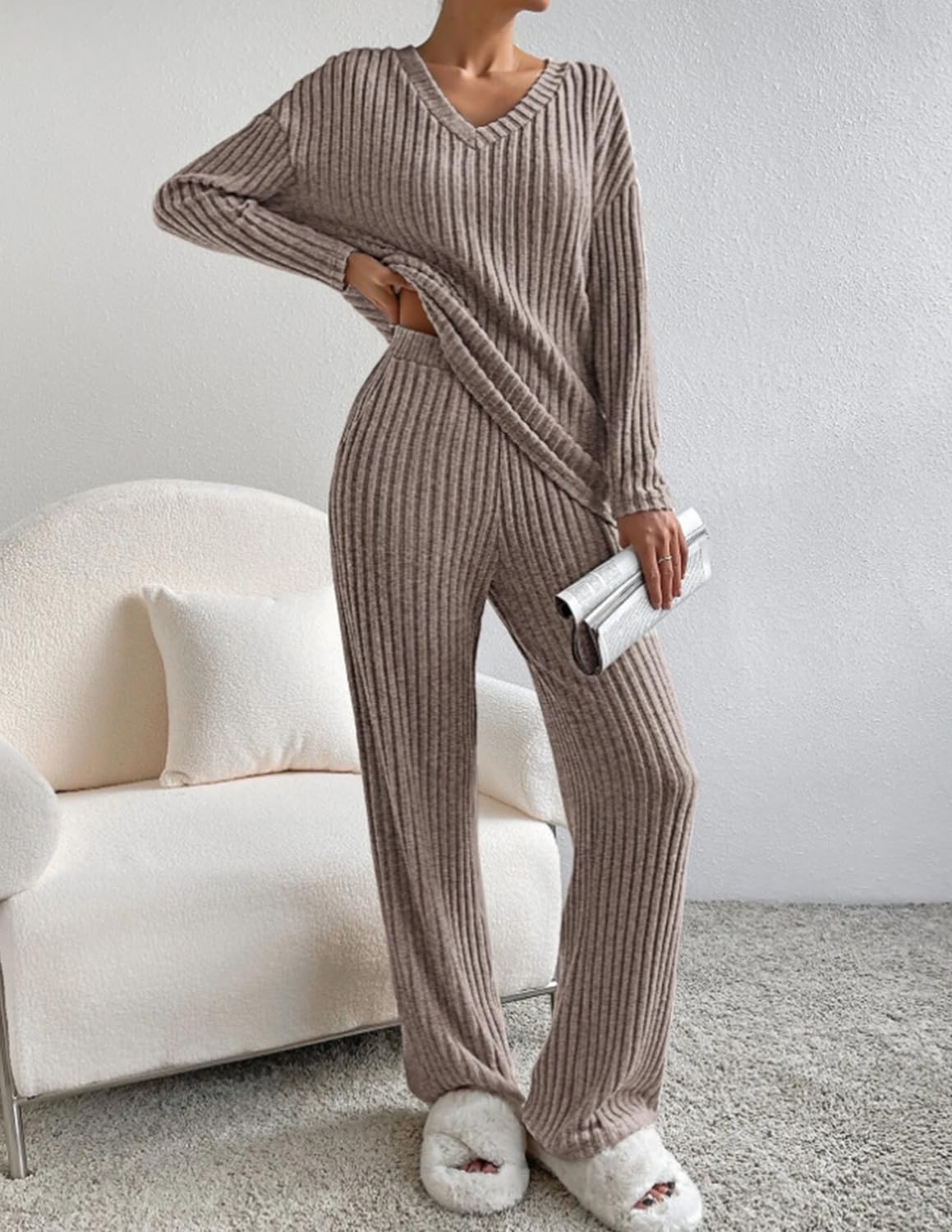 JENJON Femme Ensemble de Costume 2 Pièces Manches Longue Tricot Côtelé Pantalon Droit Survêtement Col en V Automne Hiver