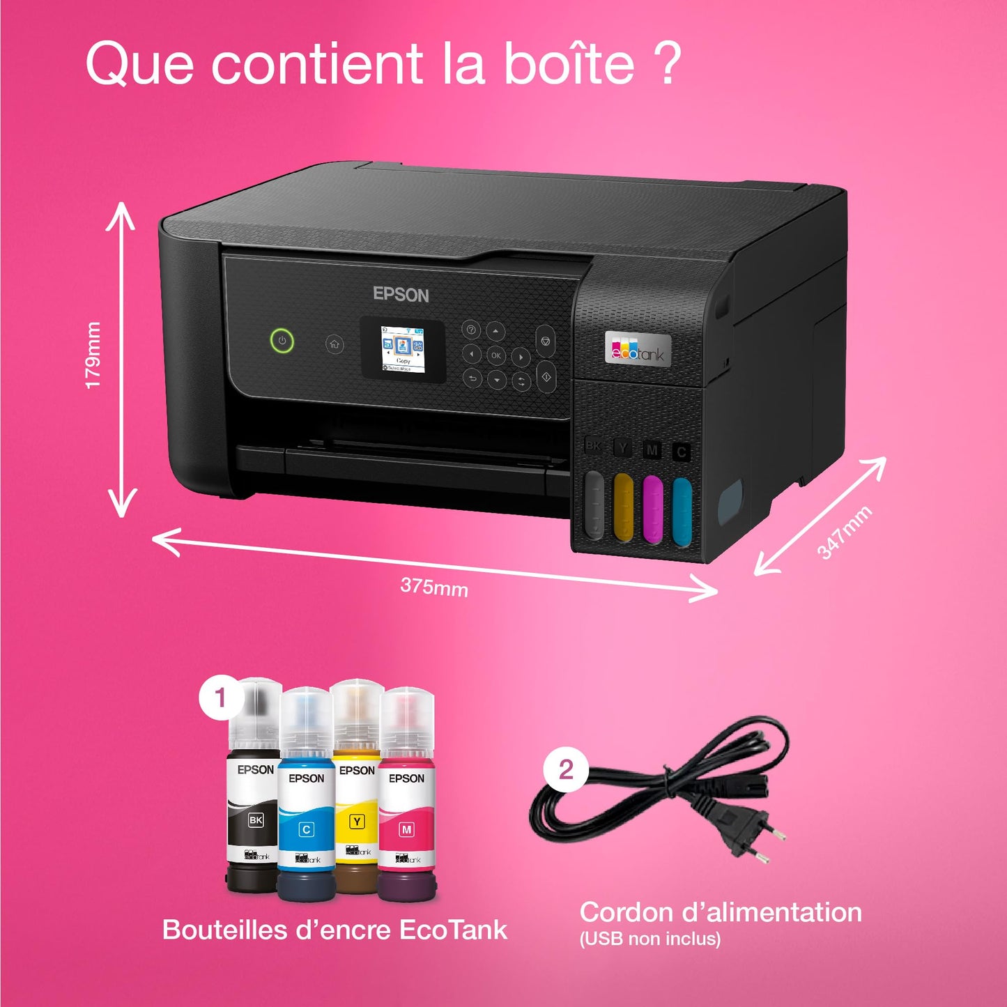 EPSON EcoTank Imprimante sans Fil ET-2870 | Réservoirs d'encre Haute capacité - Économisez jusqu'à 90% sur Les coûts d'encre - Impression Mobile, Copie, numérisation - 3 Ans d'encre Inclus