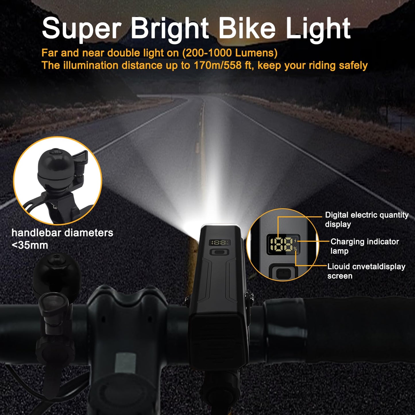 JNUYISW Eclairage Velo, 1000 Lumens IPX5 Etanche Lumière Vélo Avant et Arrière 2600mAh USB Rechargeable Ensemble Lampe Velo LED avec Sonnette de Vélo pour Cyclysme VTT, VTC, Bicyclette