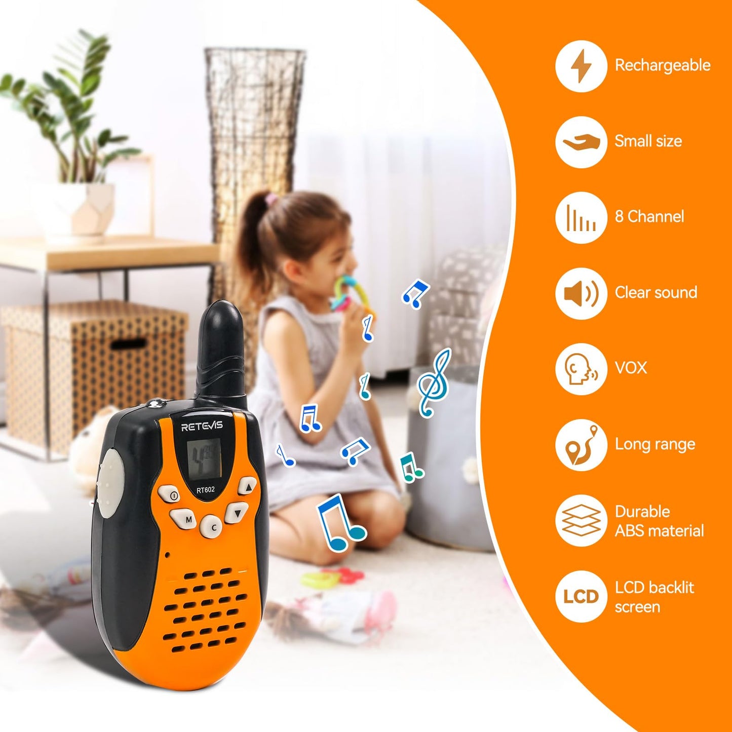 Retevis RT602 Talkie Walkie Rechargeable, Jouet Enfant avec Base de Chargement et Li ION Batterie, Lampe Poche, Cadeau pour Camping, Aventure, Jeux de Jardin(1 Paire, Orange)